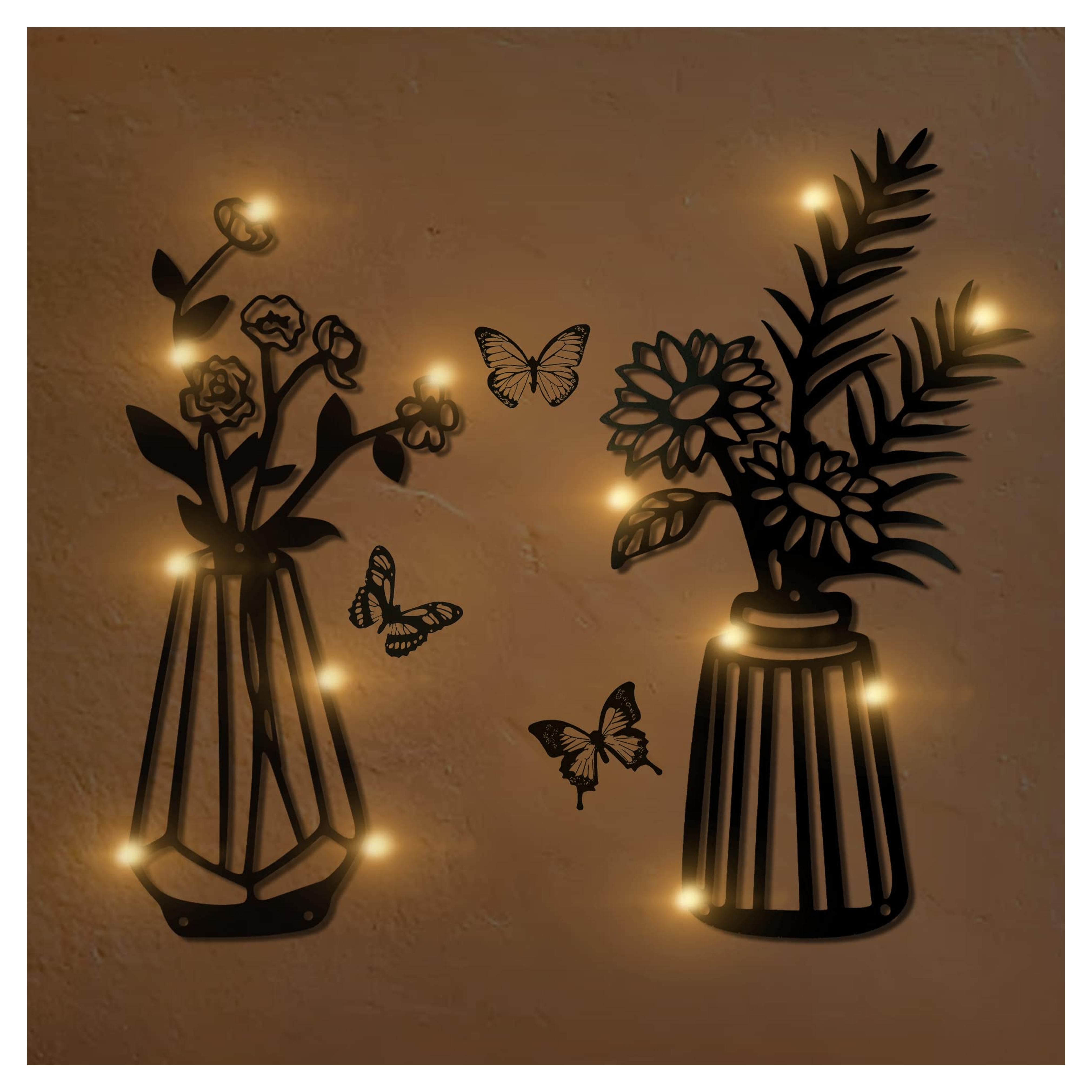 Amazon.com: Black Metal Flowers Wall Decor Bathroom Kitchen Art Decorative Small Butterfly Wall Decor With Light- Wall Vase Wire , Metal Wall Sculpture For Patio Balcony, Living Room Bedroom Dining Kitchen : Home & Kitchen