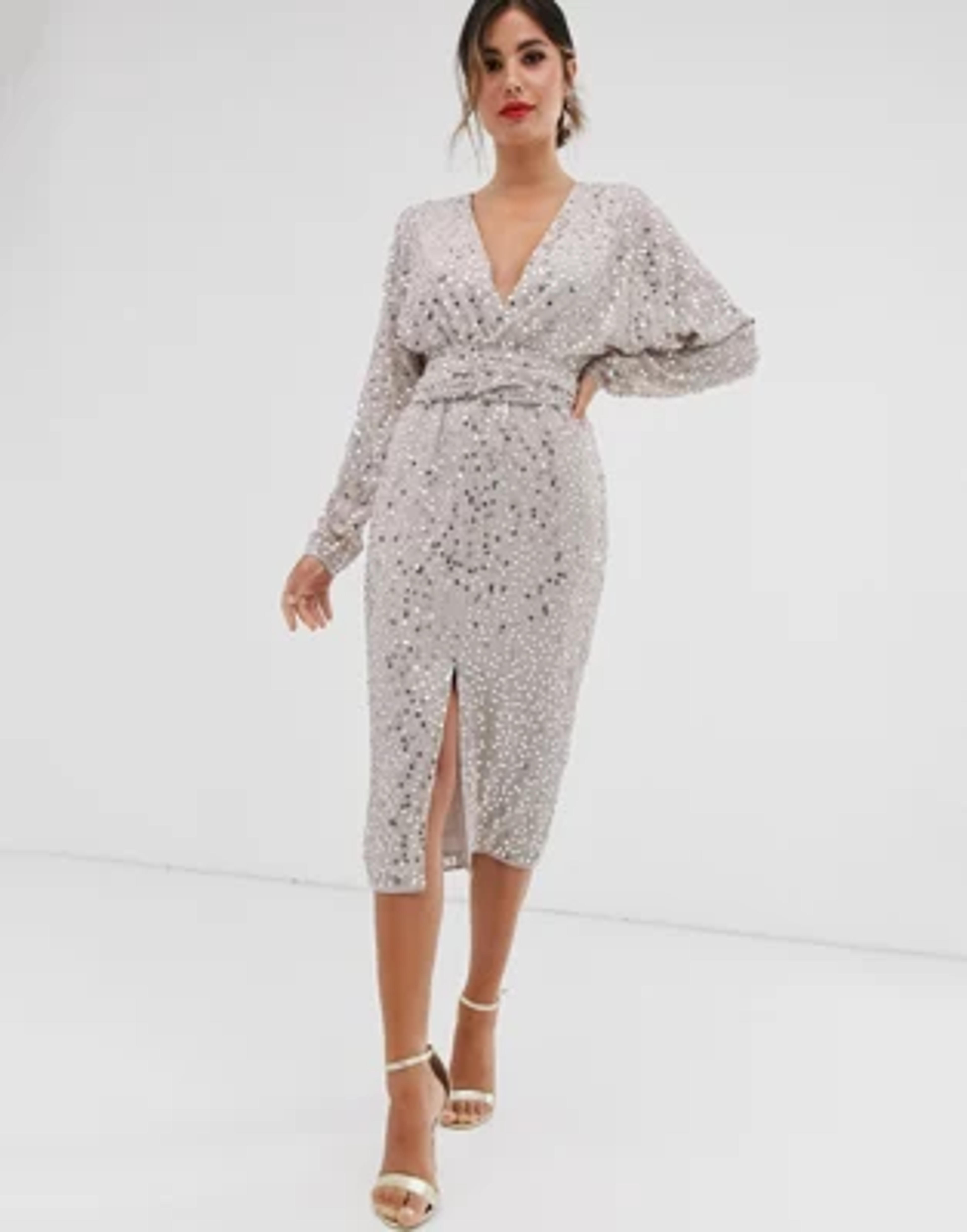 ASOS DESIGN midi dress with batwing sleeve and wrap waist in scatter sequin | ASOS