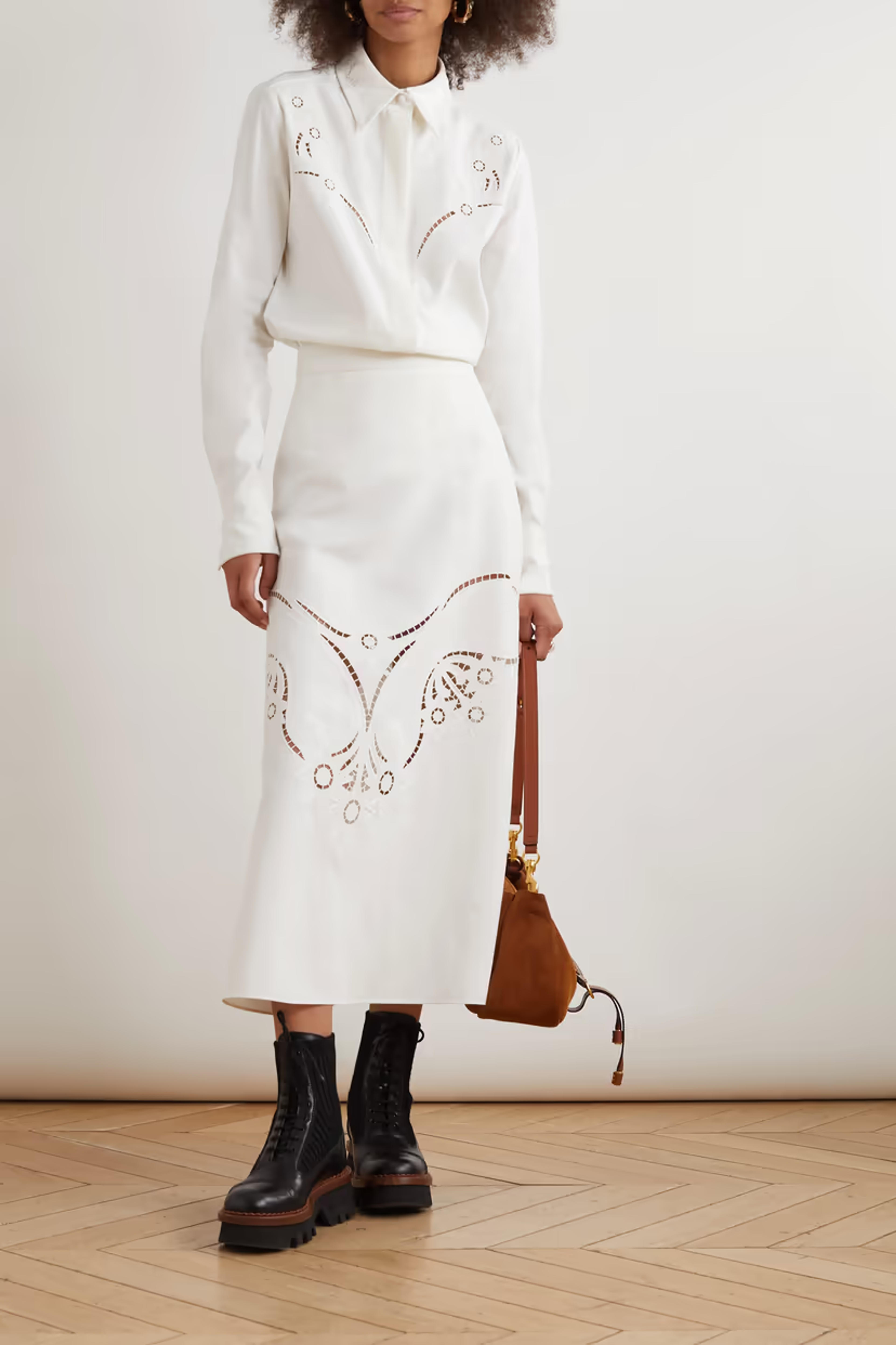 White Embroidered grain de poudre shirt | CHLOÉ | NET-A-PORTER