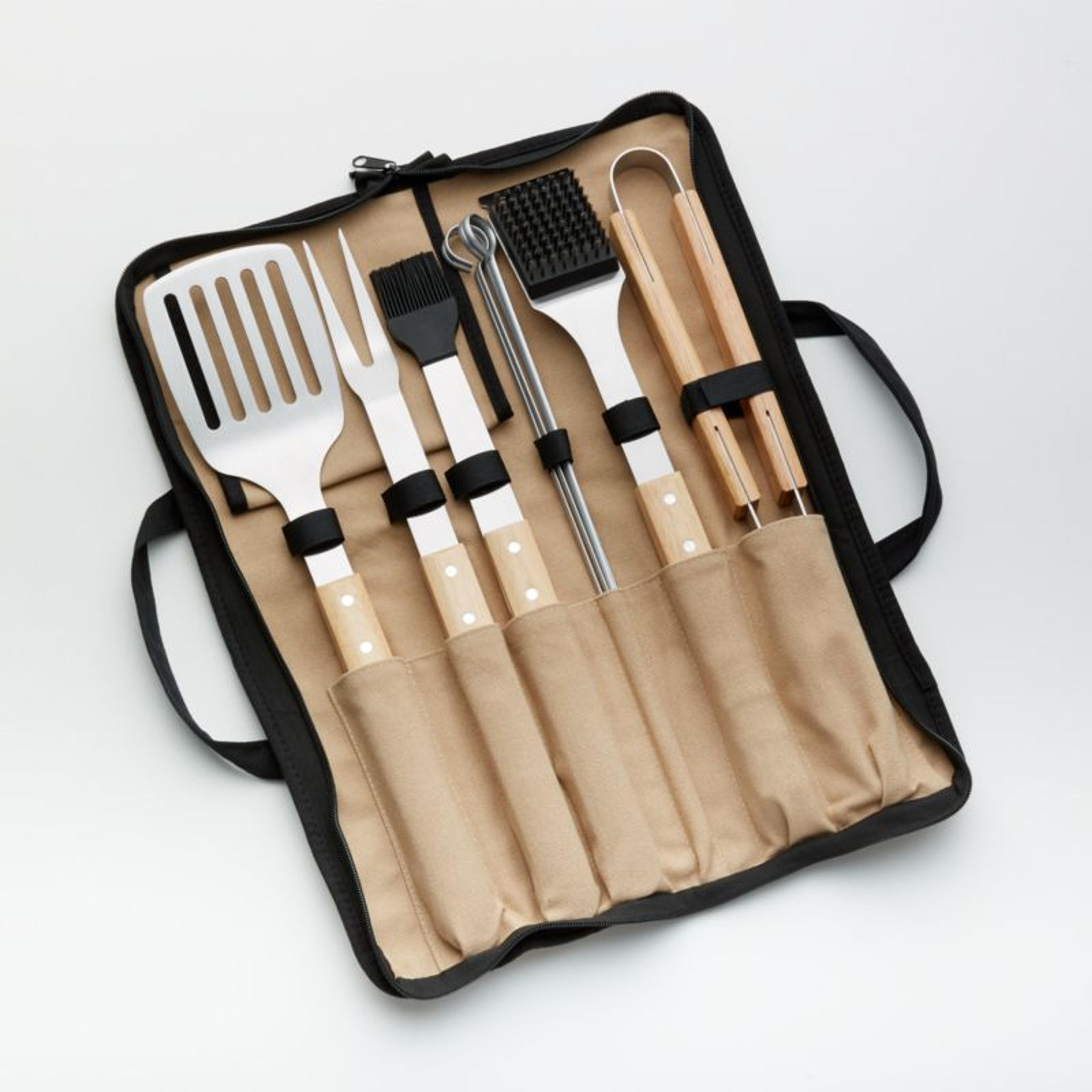 Wood-Handled 9-Piece Barbecue Tool Set + Reviews | Crate & Barrel