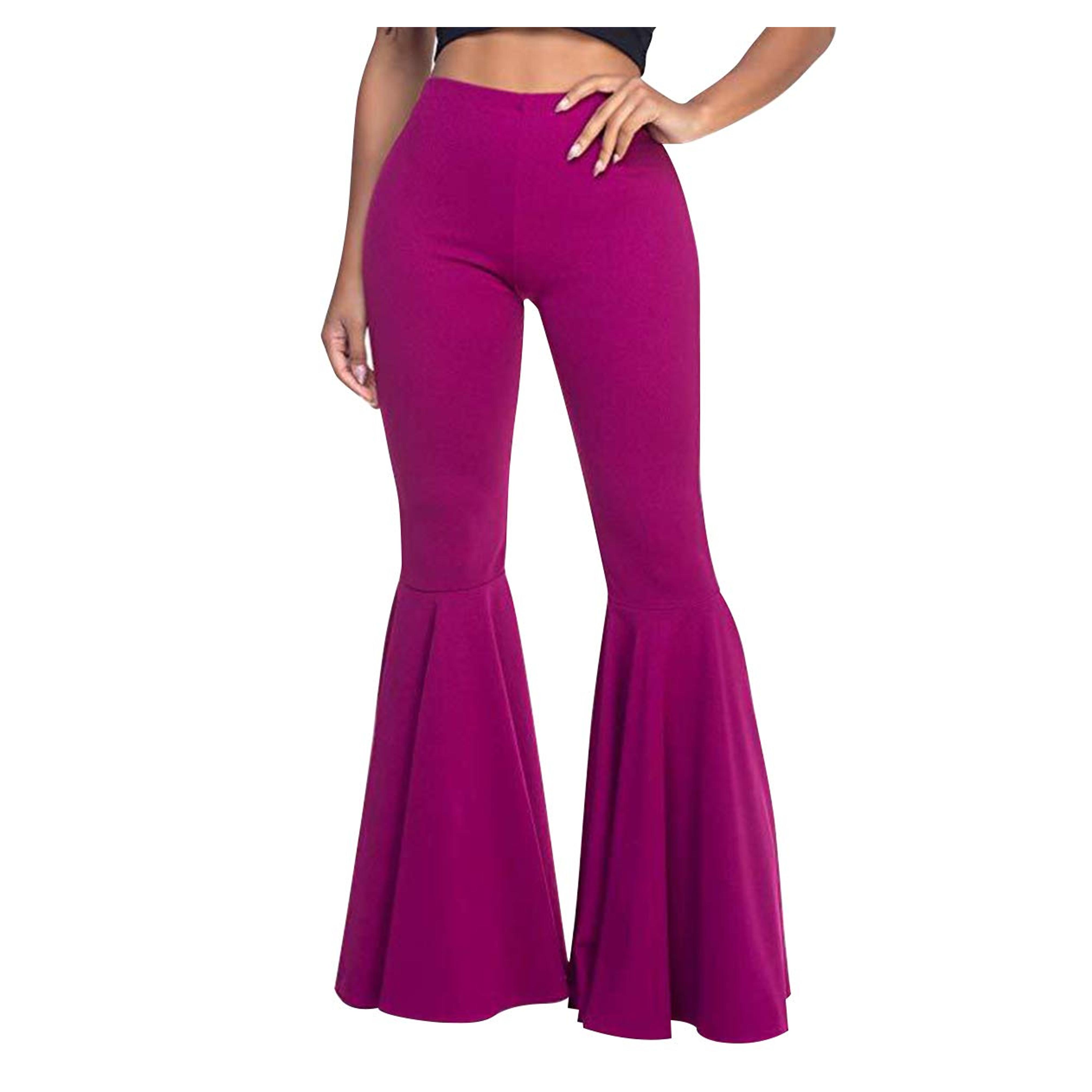 Women's Boho Solid High Waist Hippie Mermaid Ruffle Bell Flare Long Pants Casual Elastic Waist Stretchy 70's Disco Bottom Slim Fit Comfy Wide Legs Bootcut Palazzo Leggings Yoga Trousers Purple M at Amazon Women’s Clothing store