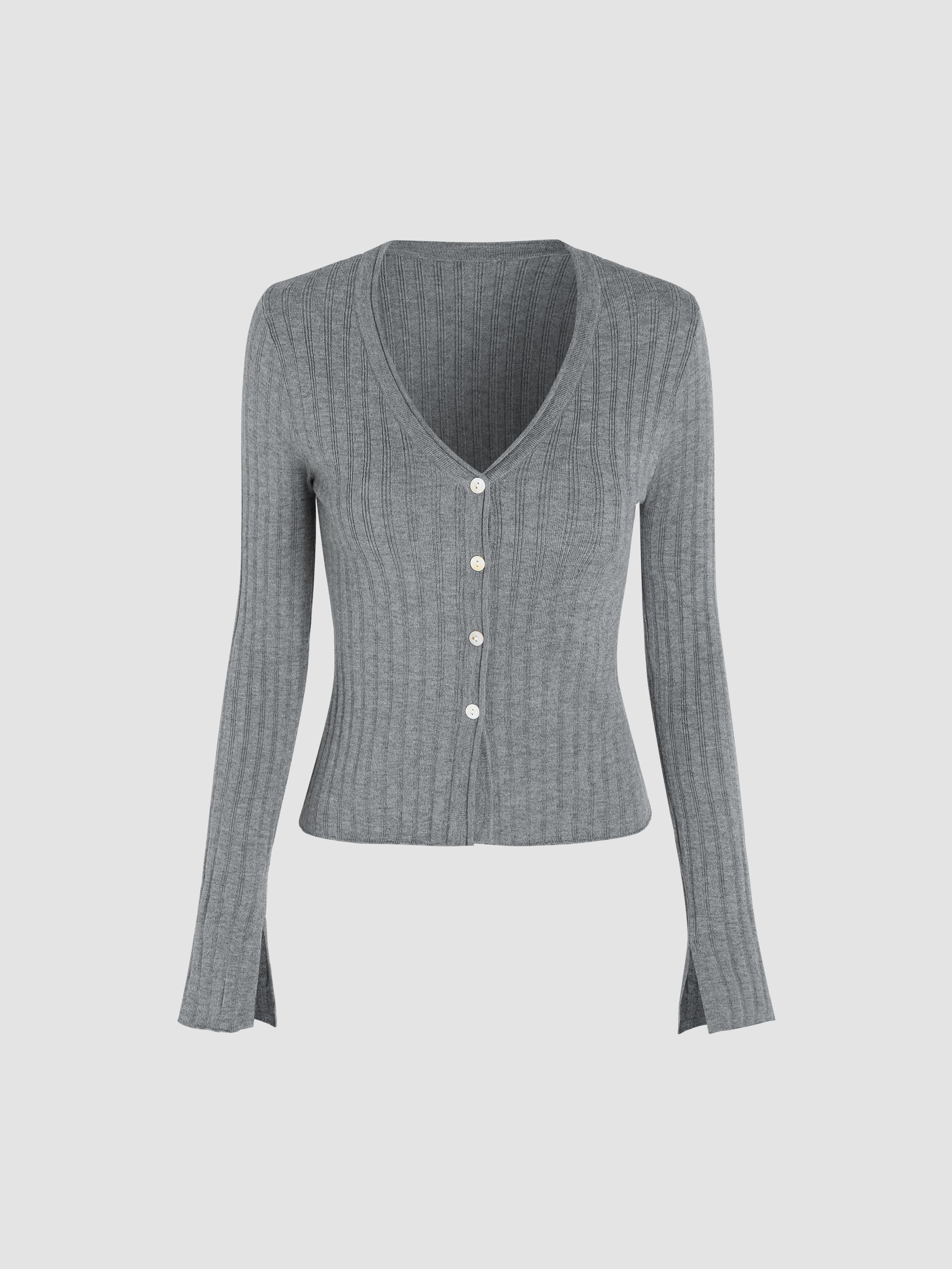 V-neck Solid Button Knitted Long Sleeve Top 