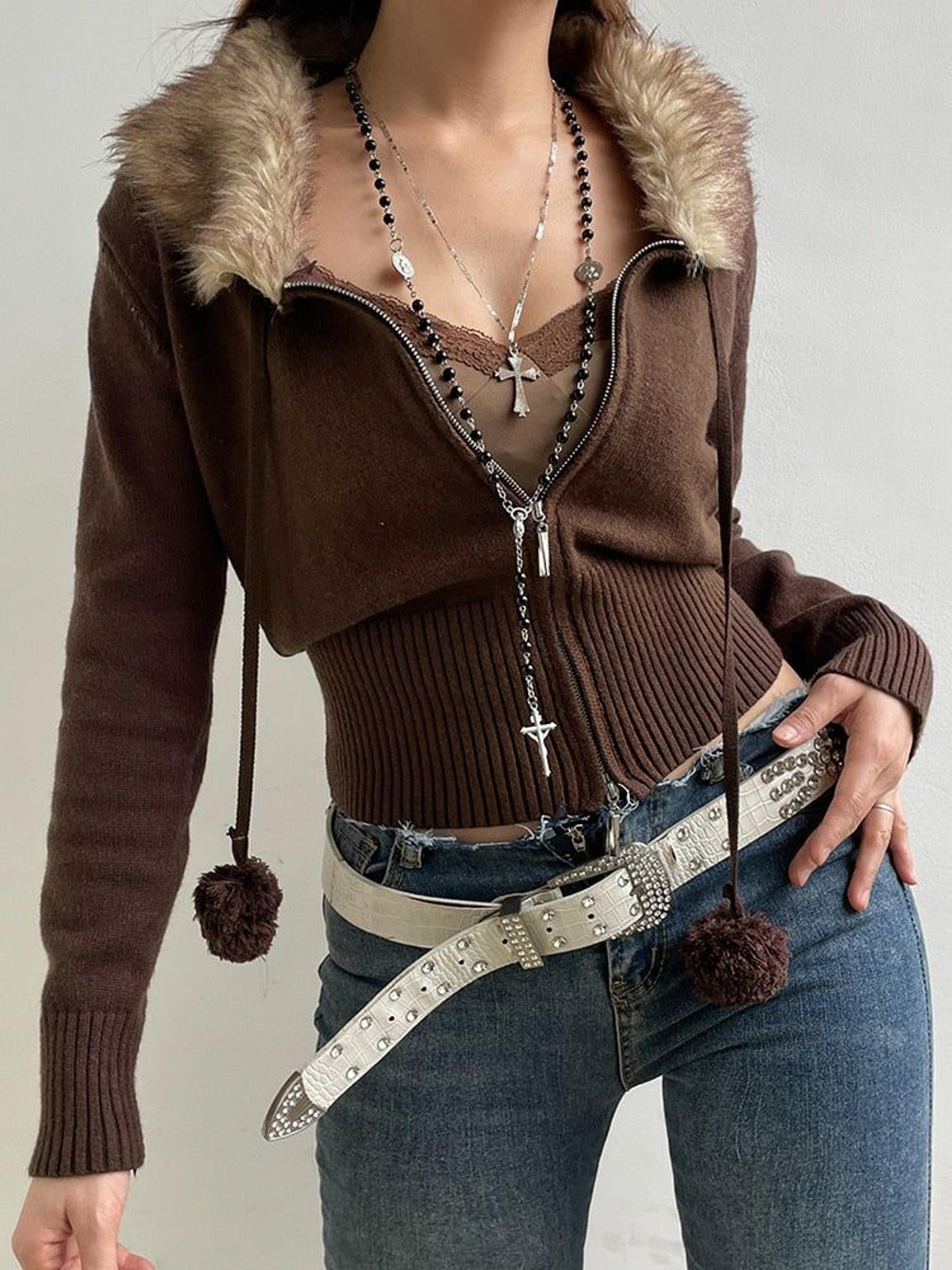 Geumxl Y2K Aesthetic Fluffy Fur Trim Collar Women Sweaters Jacket Furry 90S Vintage Zipper Coat Knitting Cardigans Knitwear - Brown / M