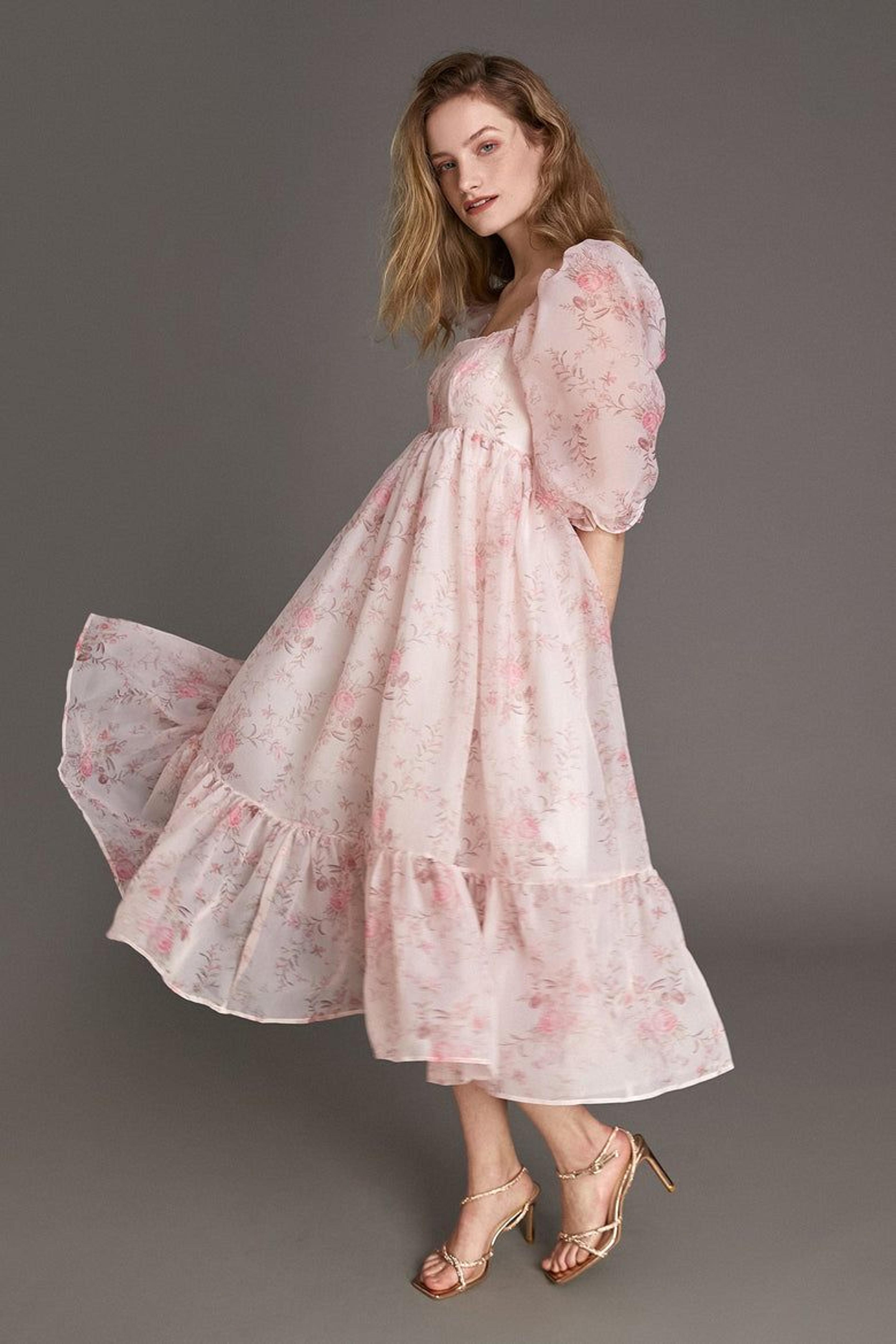 Pink Floral Print Puff Sleeve Square Neck Organza Midi Babydoll Dress