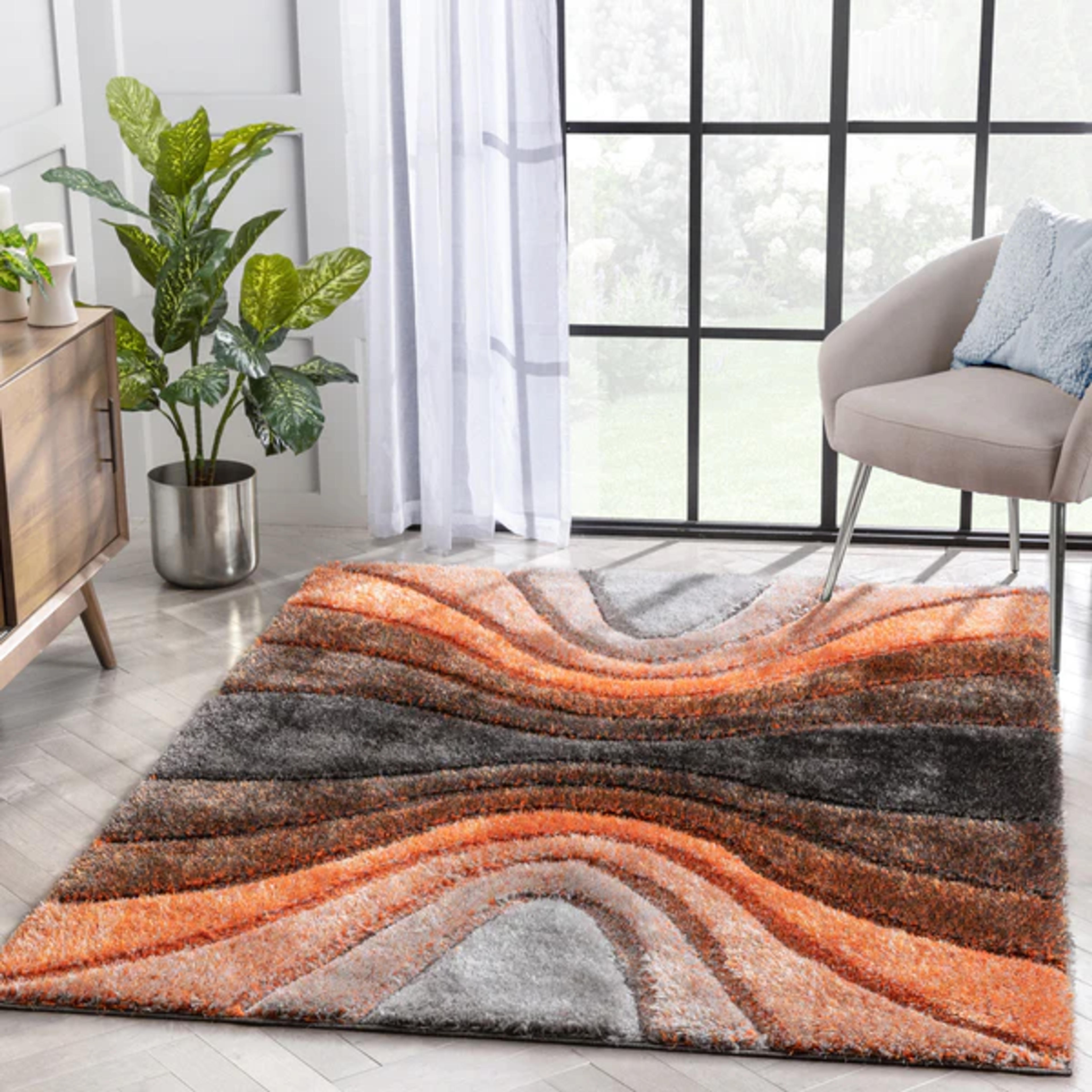 Luz Modern Geometric Grey Orange 3D Textured Thick & Soft Shag Rug