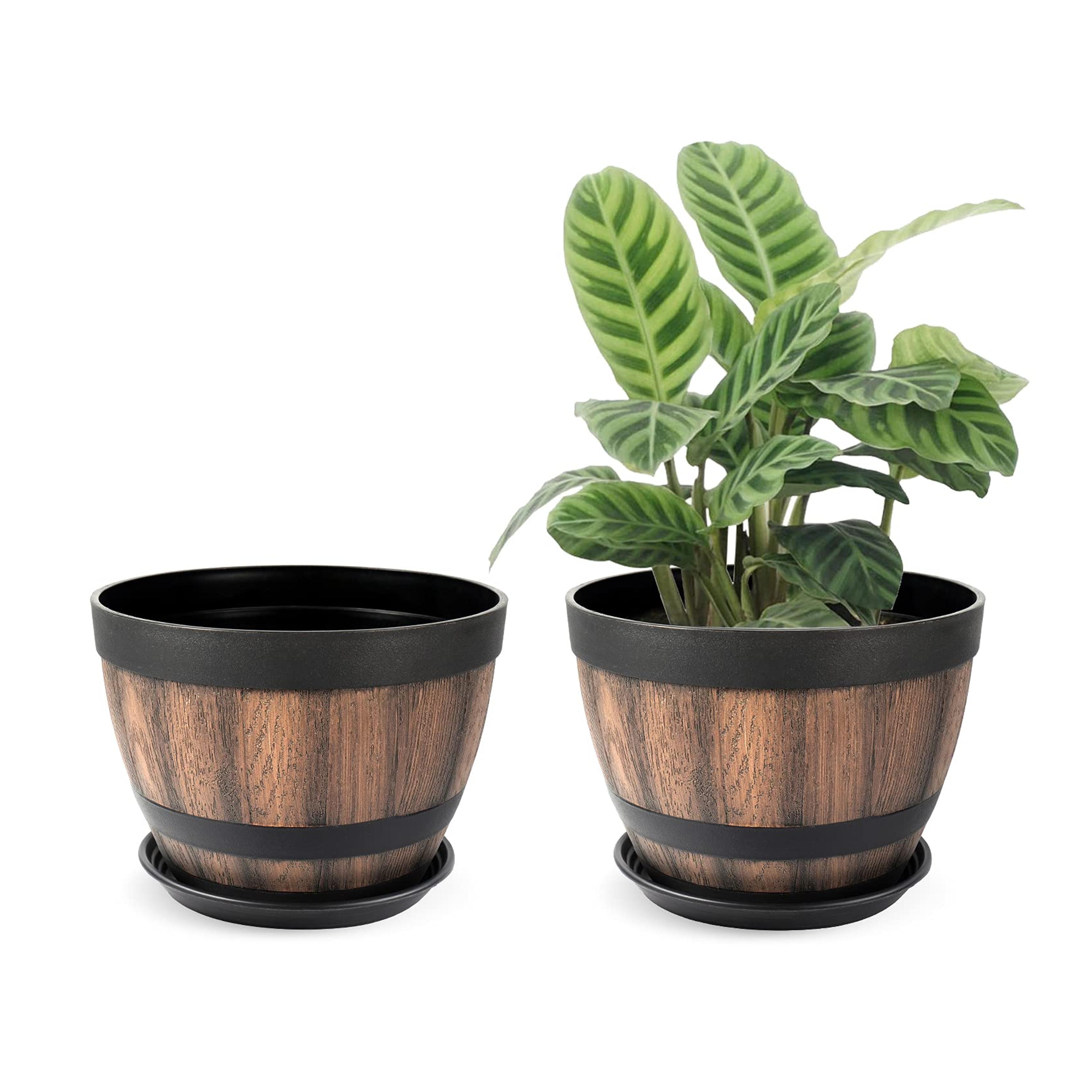 Amazon.com: 9 Inch Plant Pots with Drainage Holes & Saucer,2 Pack Decoration Flower Pots Canbe Used for Indoor Outdoor.Resin Whiskey Barrel Planters Imitation Wooden Barrel Design,Lightweight,no Fade.( Brown) : Patio, Lawn & Garden