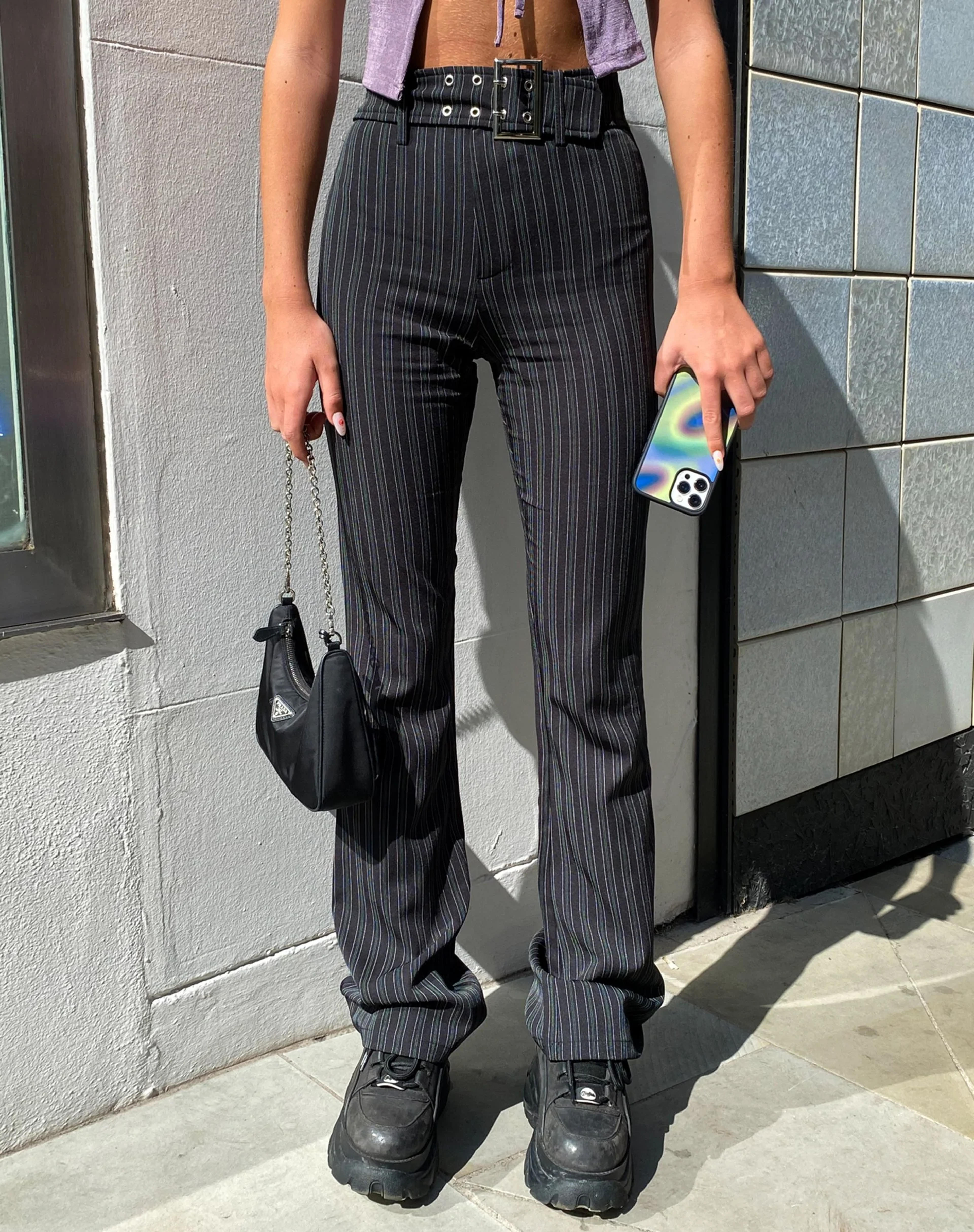 Black Stripe Belted Flare Trousers | Zocha – motelrocks-com-us