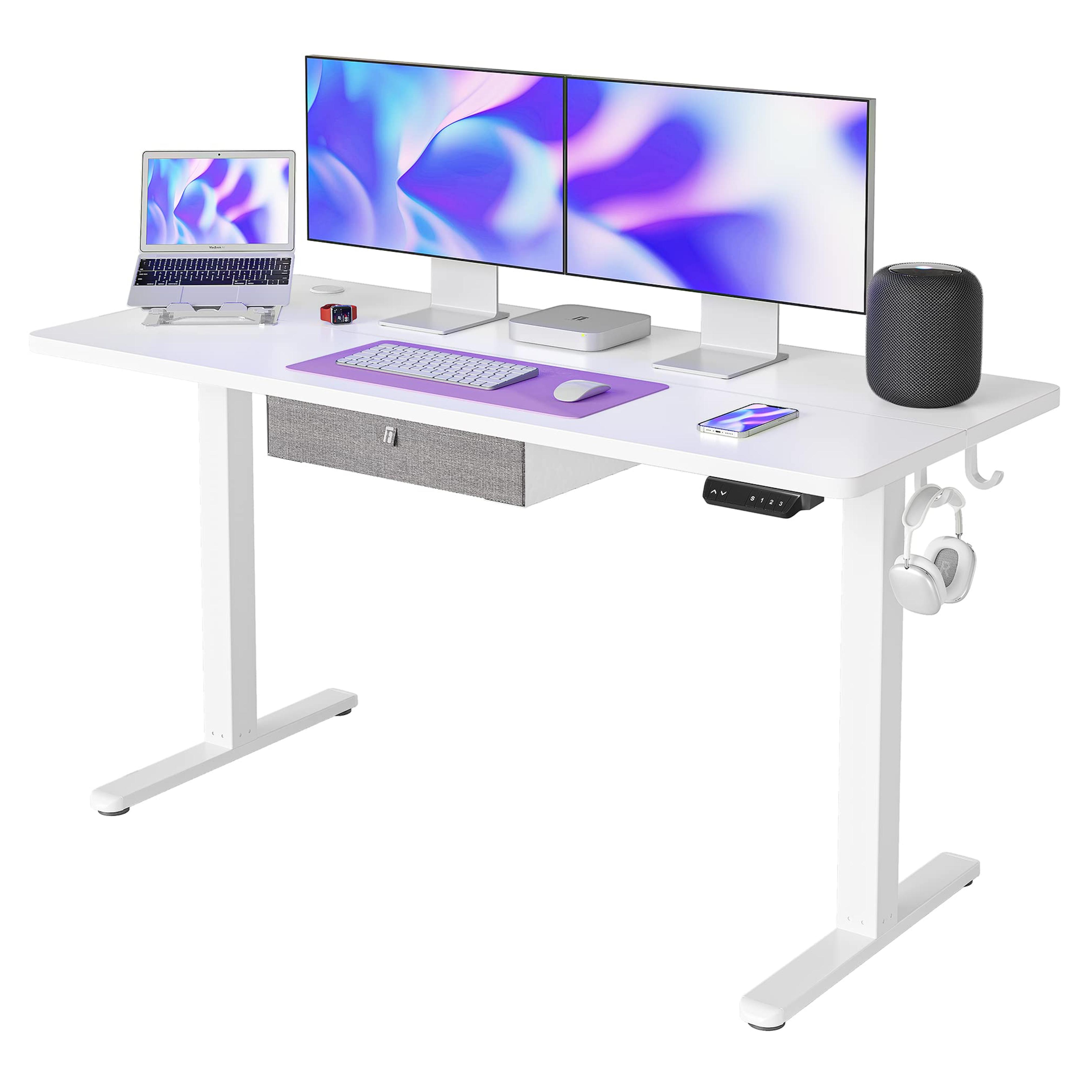 FEZIBO 55 x 24 Inches Standing Desk with Drawer, Adjustable Height Electric Stand up Desk, Sit Stand Home Office Desk, Ergonomic Workstation White Steel Frame/White Tabletop