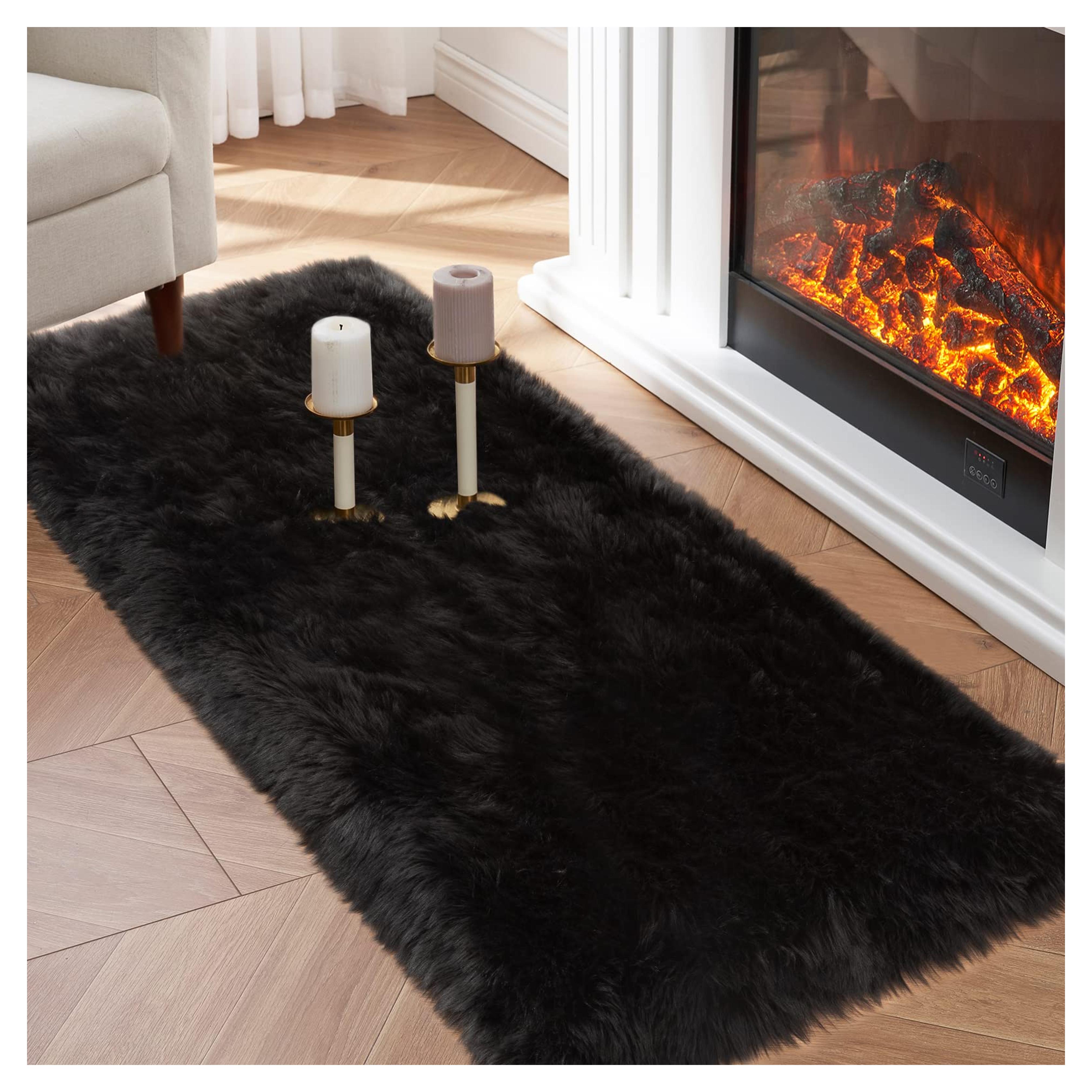 Faux Fur Rug, Black Small Fluffy Rug for Sofa Chair Couch Cover 2x4 Feet, Ultra Soft Fuzzy Shag Rug for Bedroom, Indoor Shaggy Plush Floor Carpets