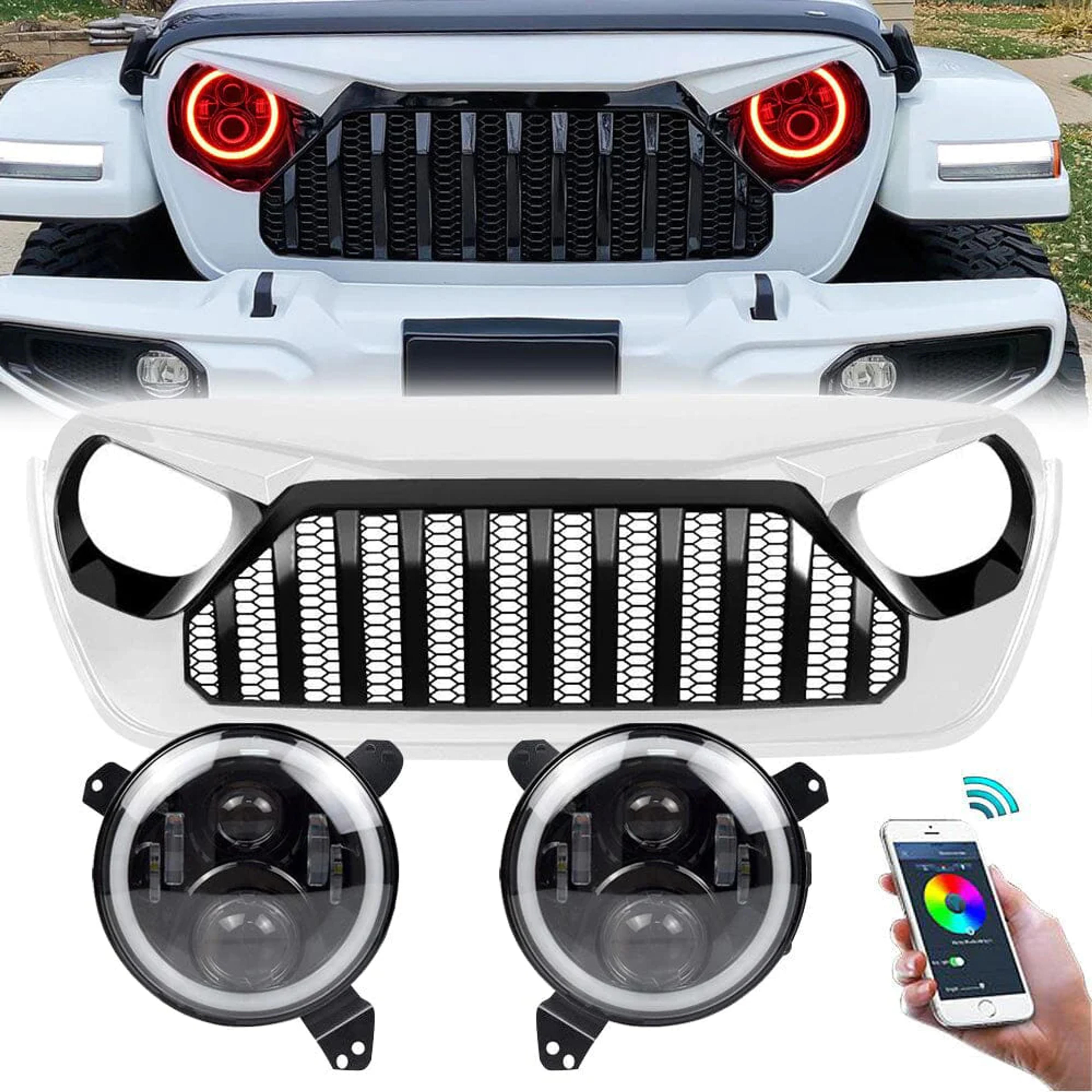 Black & White Vader Grille w/ Mesh & RGB Halo Headlights Combo for 18-23 Wrangler JL & Gladiator JT