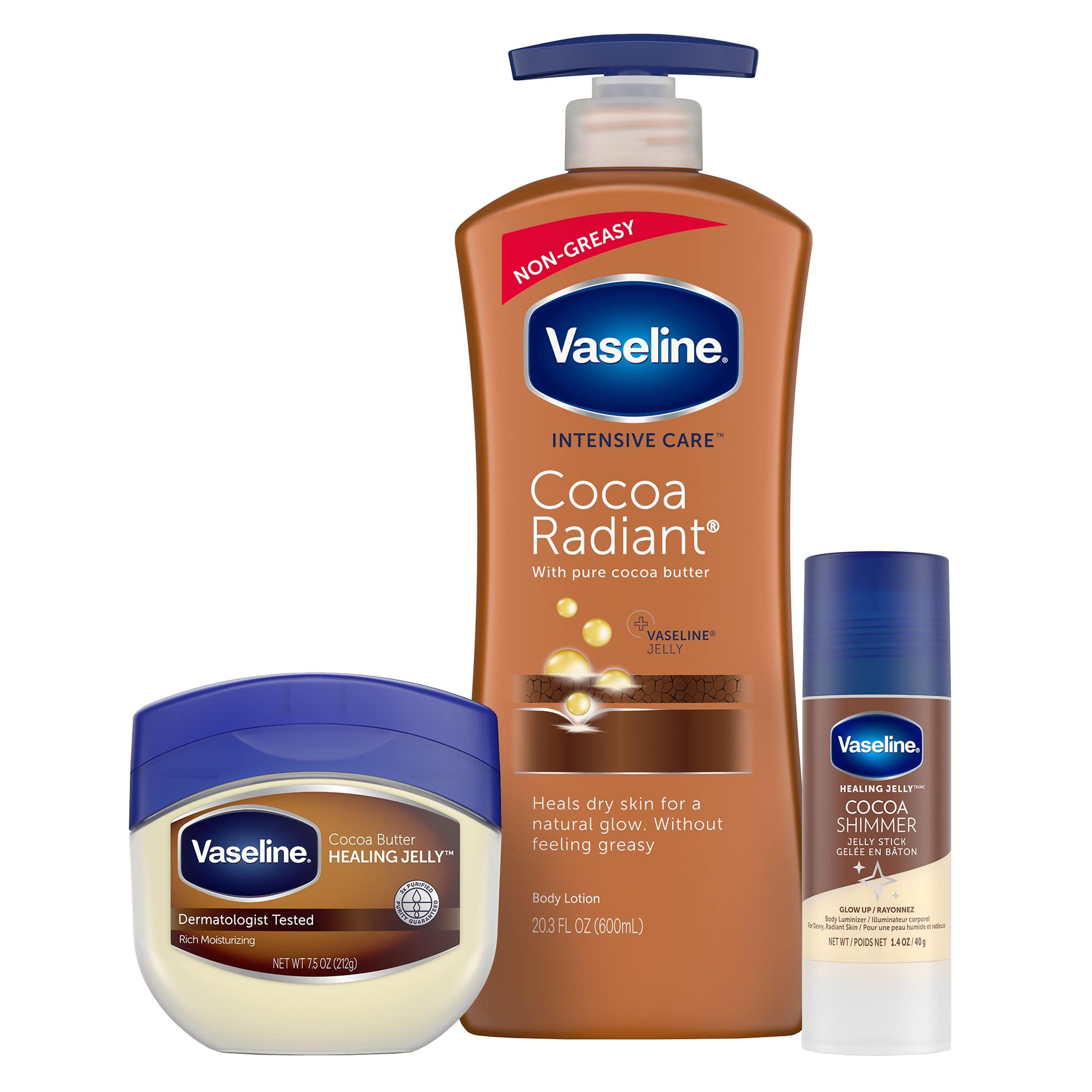 Vaseline Intensive Care Cocoa Radiant 3-Piece Bundle - Moisturizing Lotion (20.3 oz), Healing Jelly (7.5 oz), Shimmer Stick (1.4 oz) for Sensitive, Dry Skin