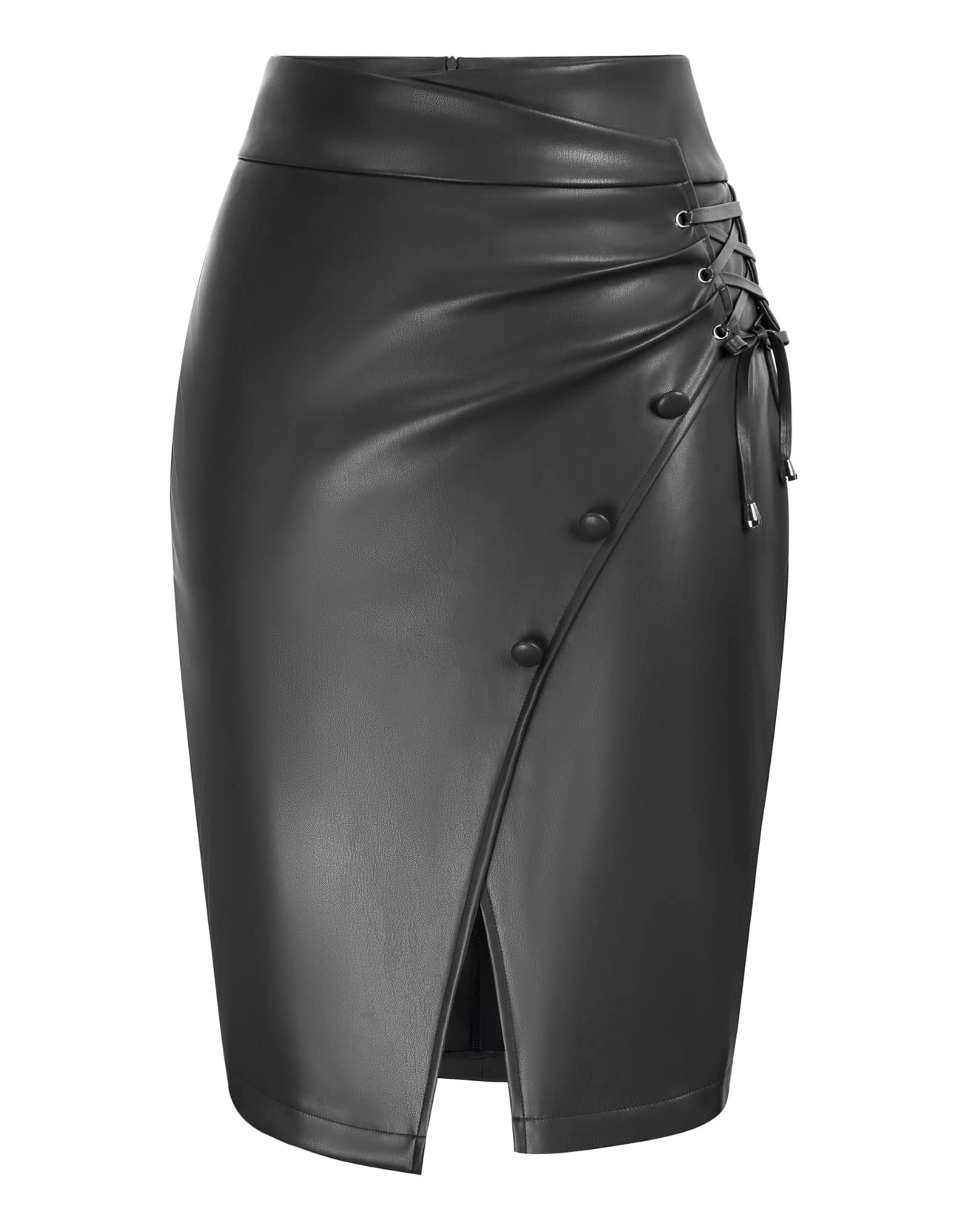 Women Wrap Leather Pencil Skirt High Waist Split PU Mini Skirt Button Down Black