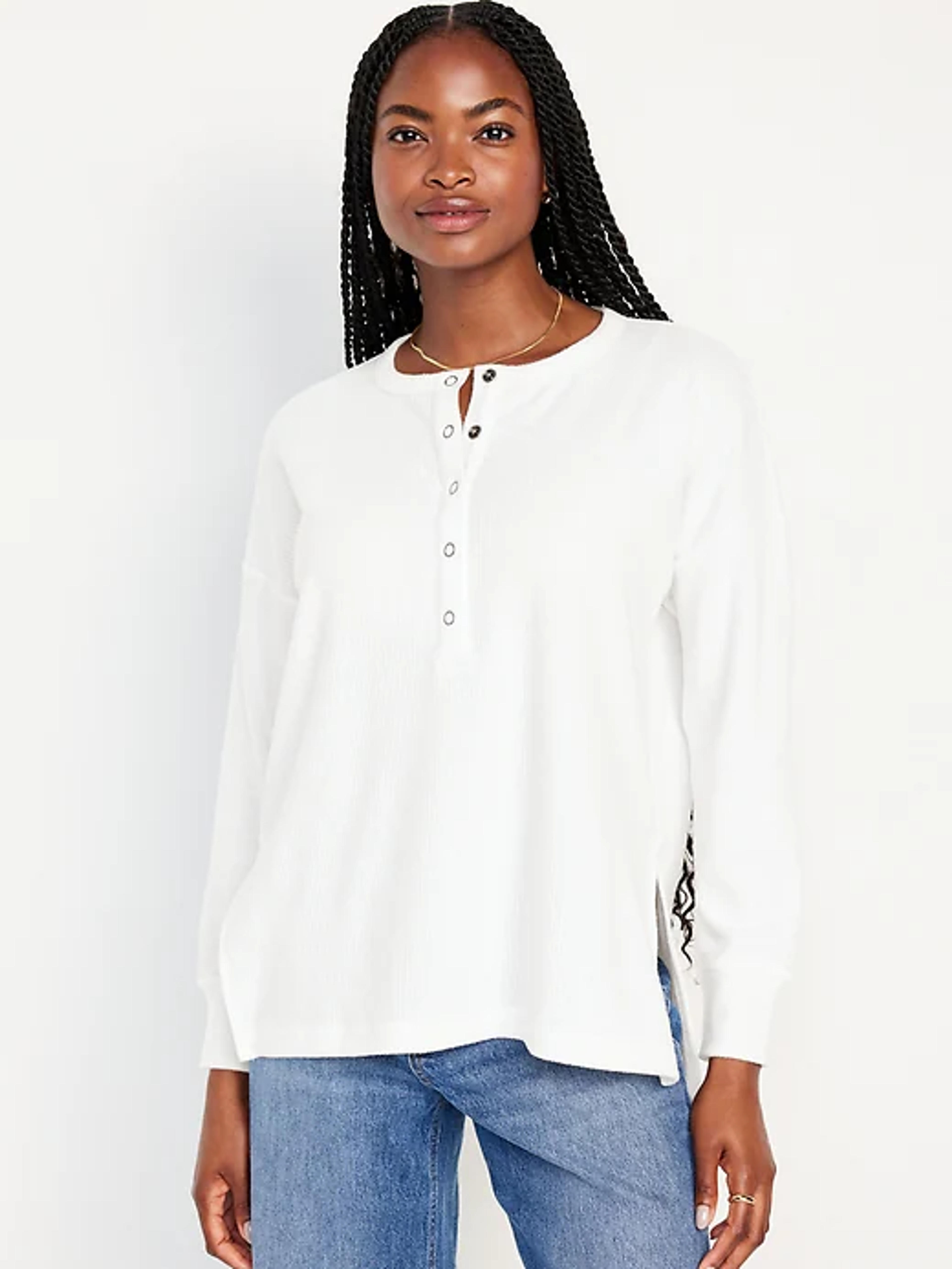 Long Sleeve Oversized Boyfriend Henley for Women | Old Navy