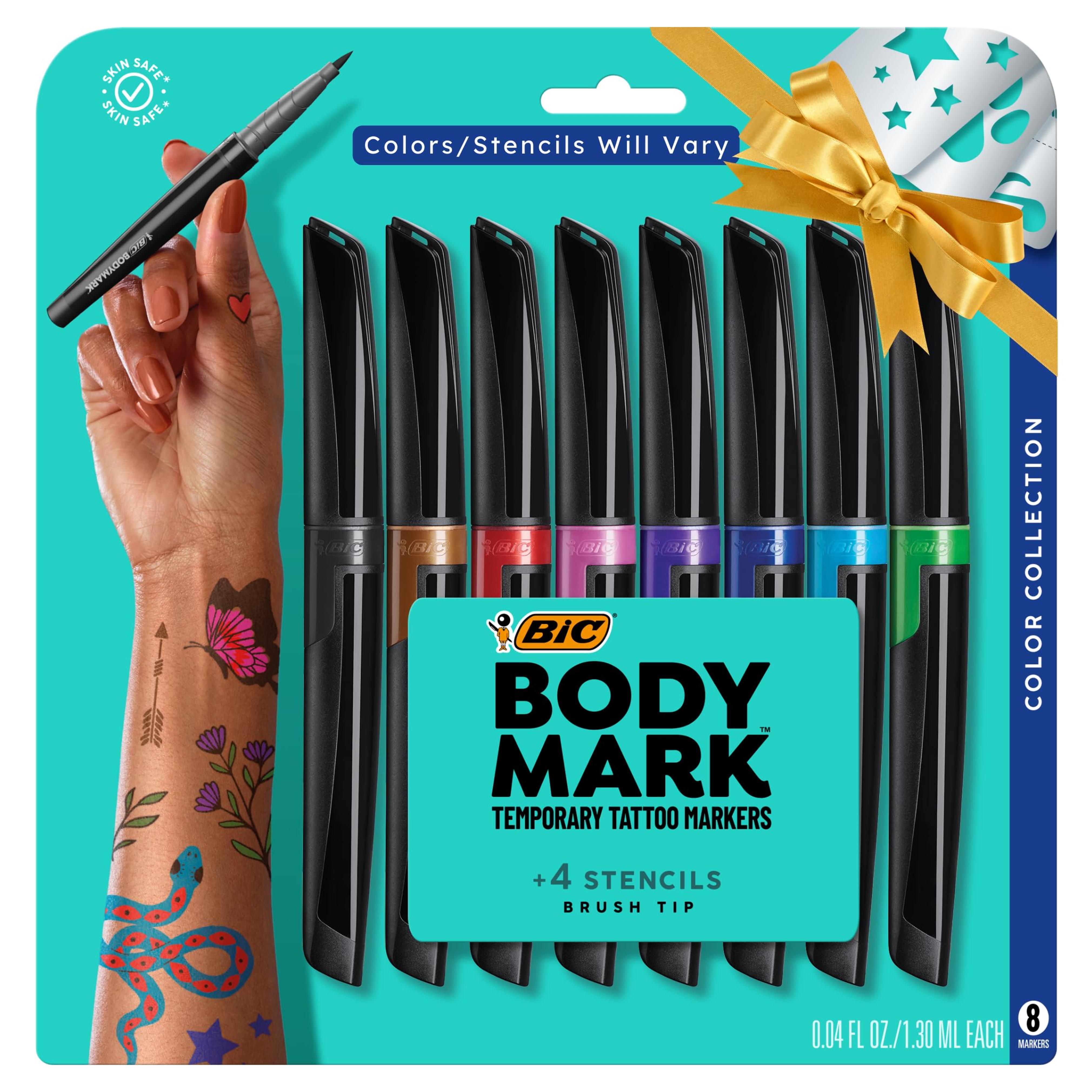 BIC BodyMark Temporary Tattoo Markers for Skin (MTBP81-AST), Color Collection, Flexible Brush Tip, Assorted Colors, Skin-Safe*, Cosmetic Quality 8-Count Pack