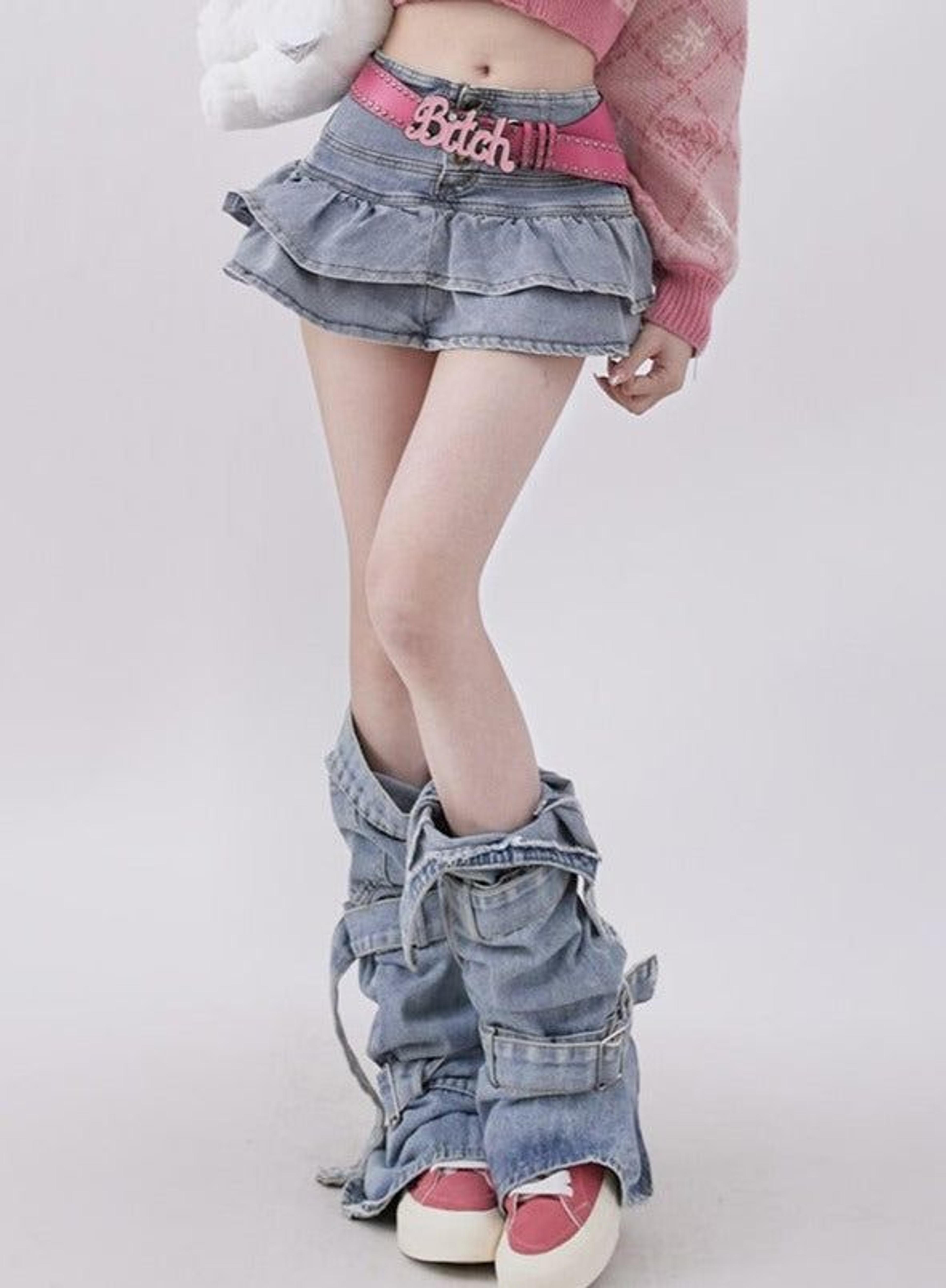 Y2K Denim Miniskirt and Denim Leg Warmers - skirt / L