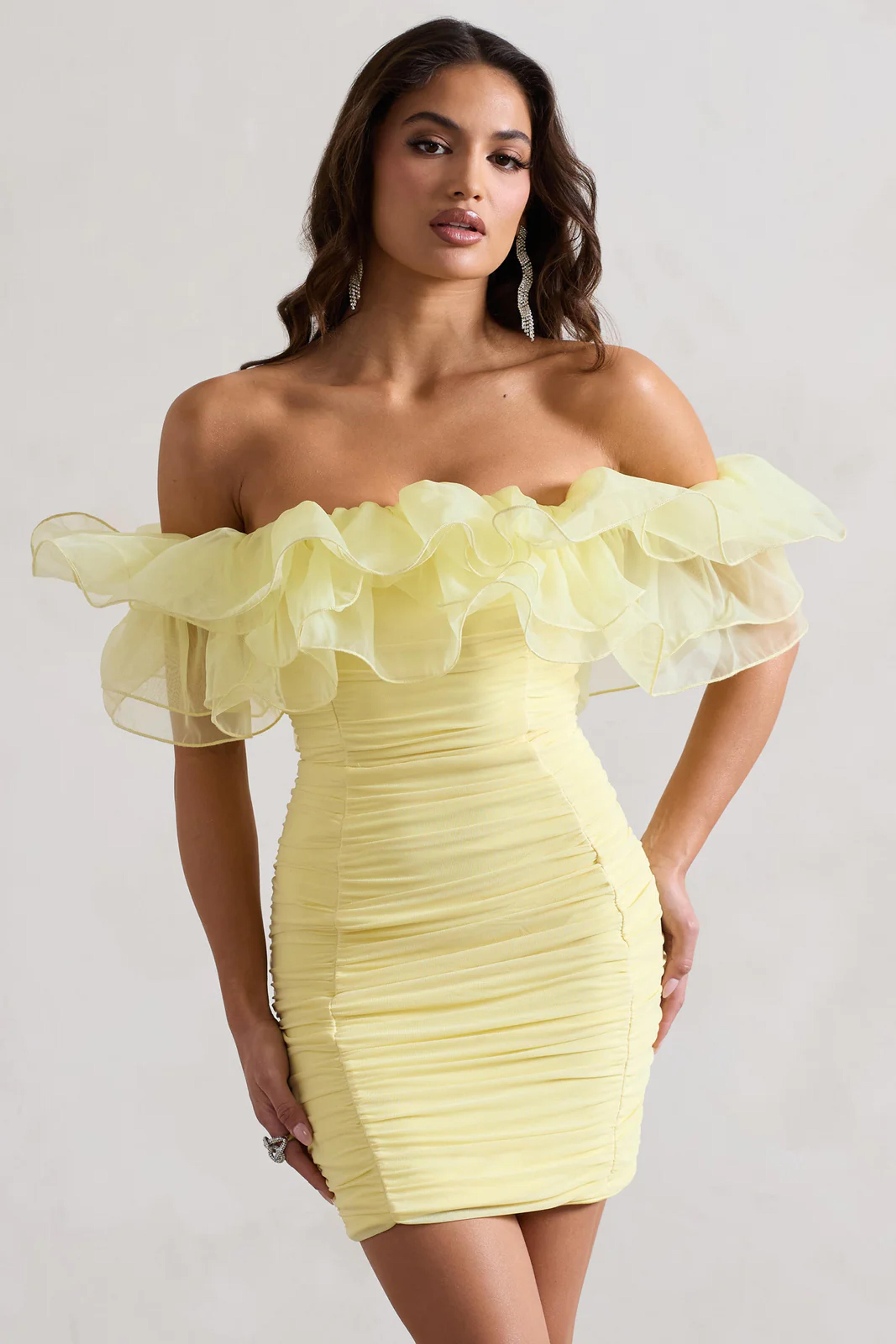 Waterlily Lemon Ruched Bardot Mini Dress With Organza Trim – Club L London - USA