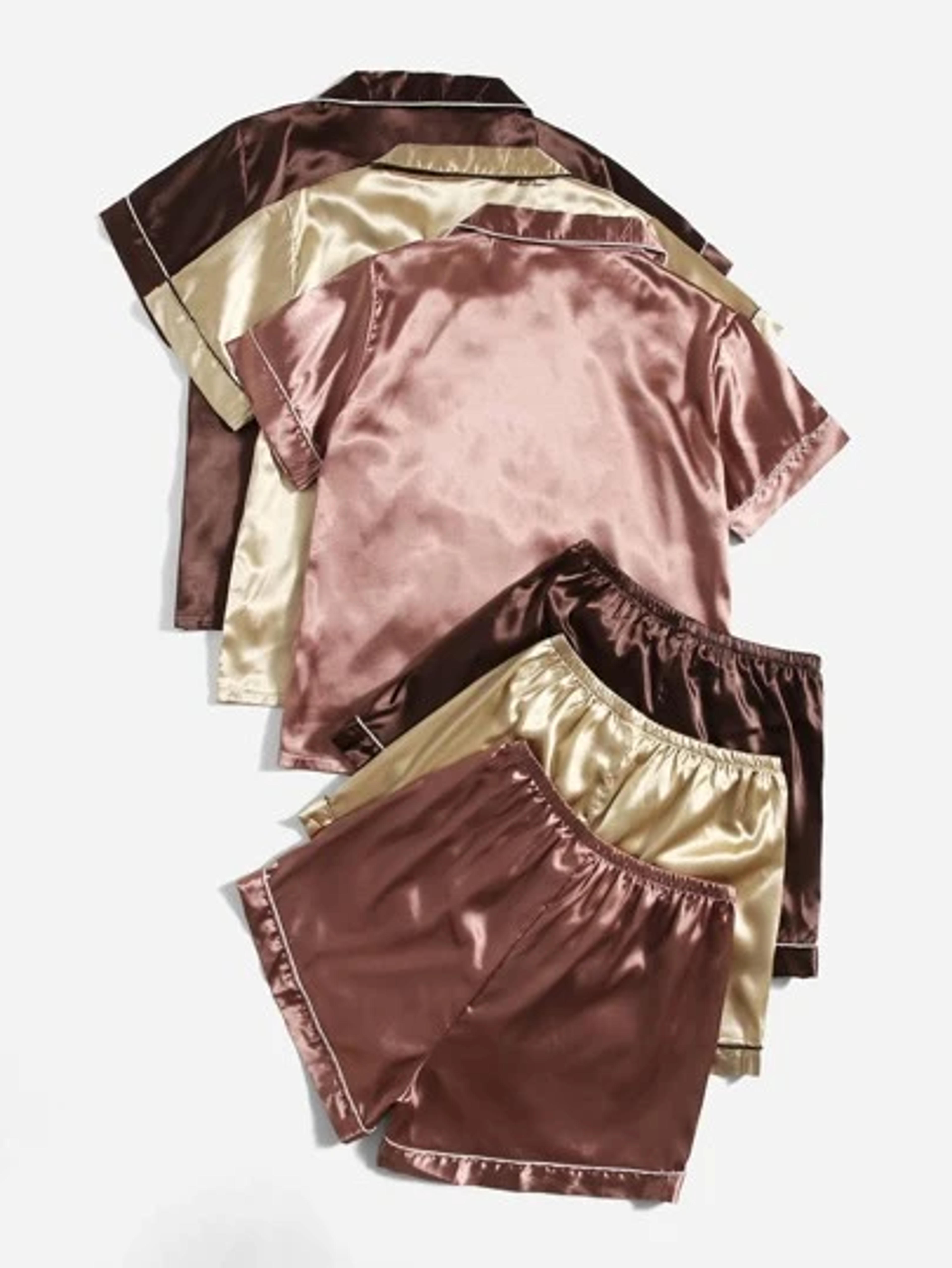 3sets Contrast Piping Satin Blouse & Shorts PJ Set | SHEIN UK