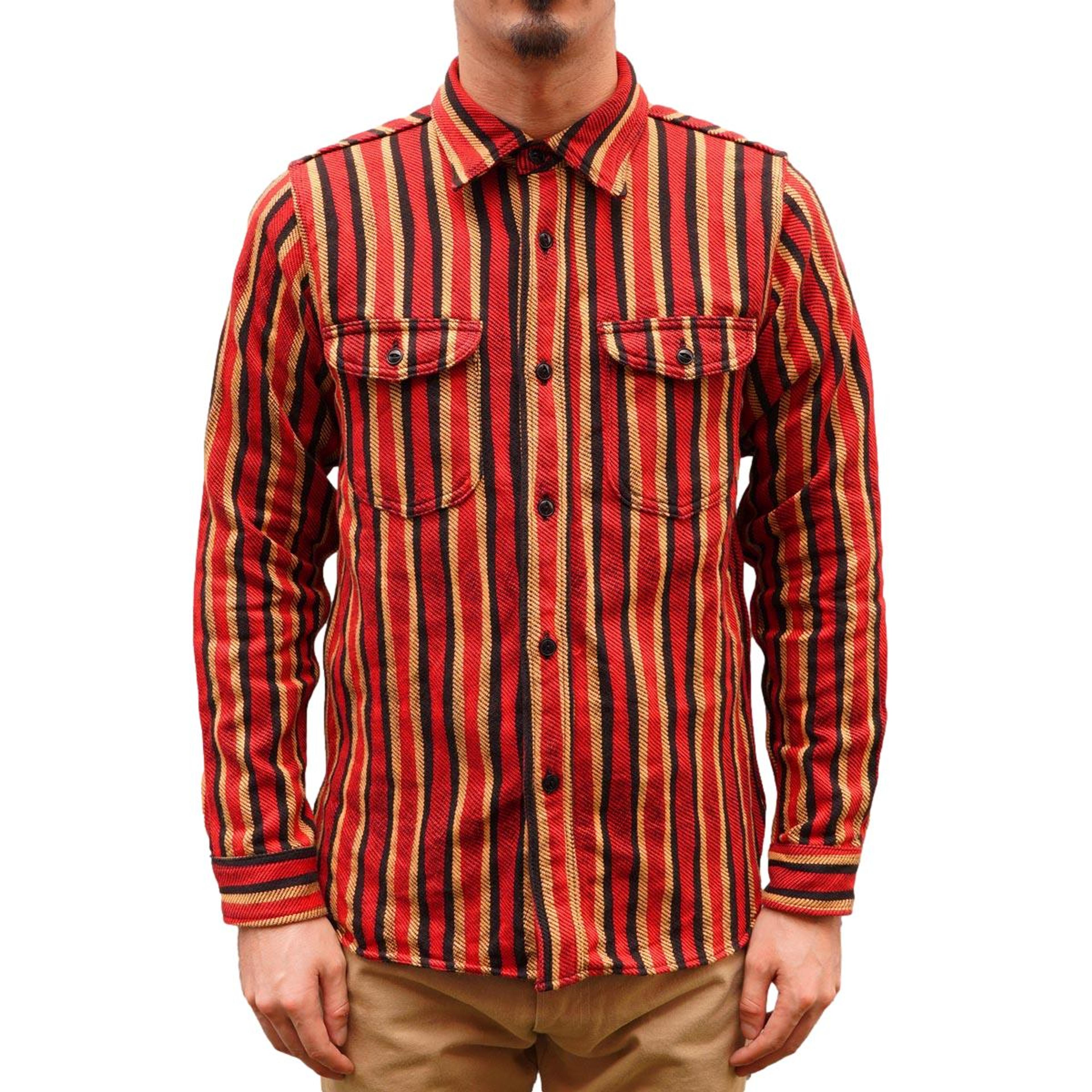 Samurai Jeans SDN23-01 Heavyweight "Drunk Stripe" Flannel Shirt (Red) - Okayama Denim