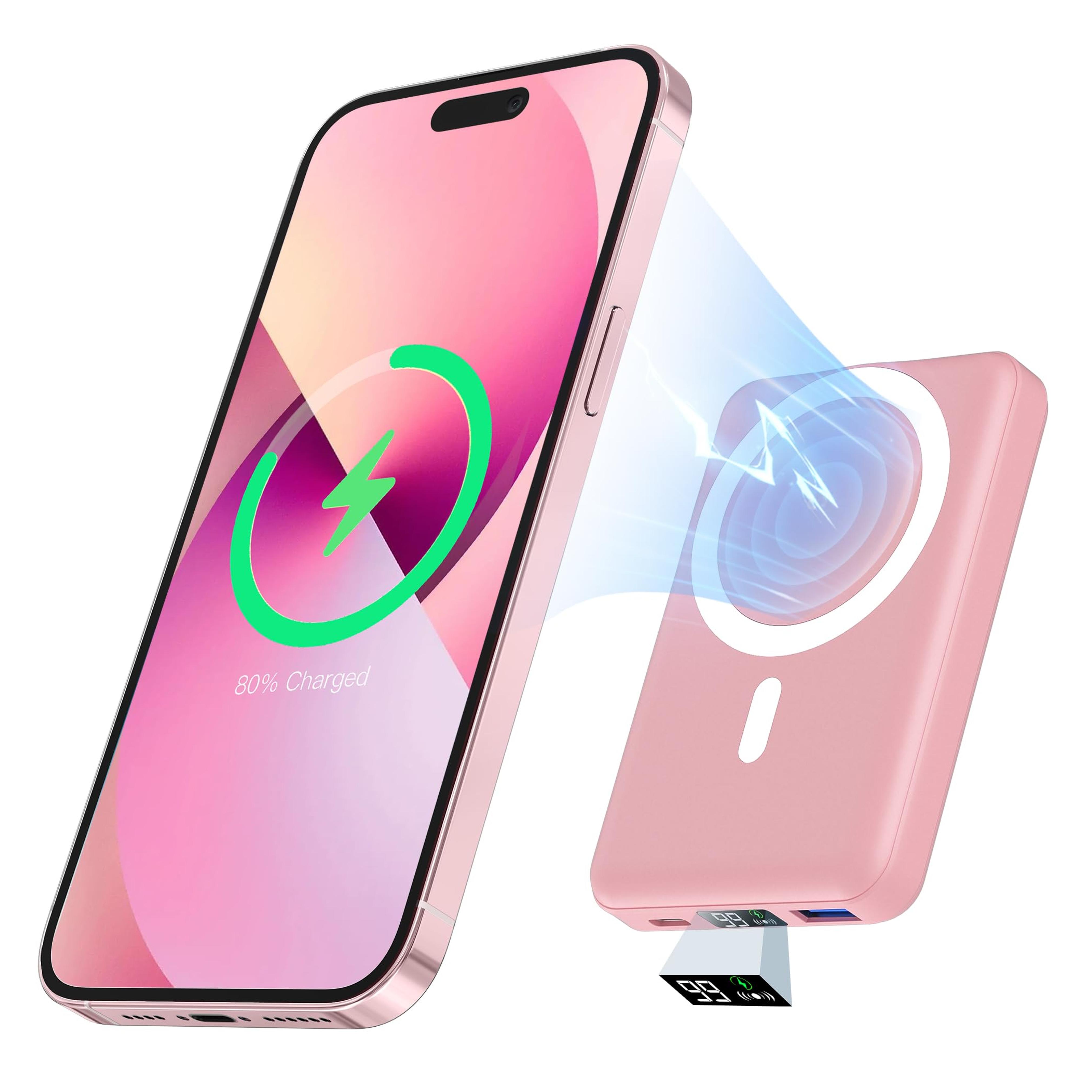 podoru Wireless Portable Charger, 10000mAh Magnetic Power Bank with Type-C Cable LED Display 22.5W PD Fast Charging Lighting Mag-Safe Battery Pack for iPhone 15/14/13/12/Mini/Pro/Pro Max-Pink