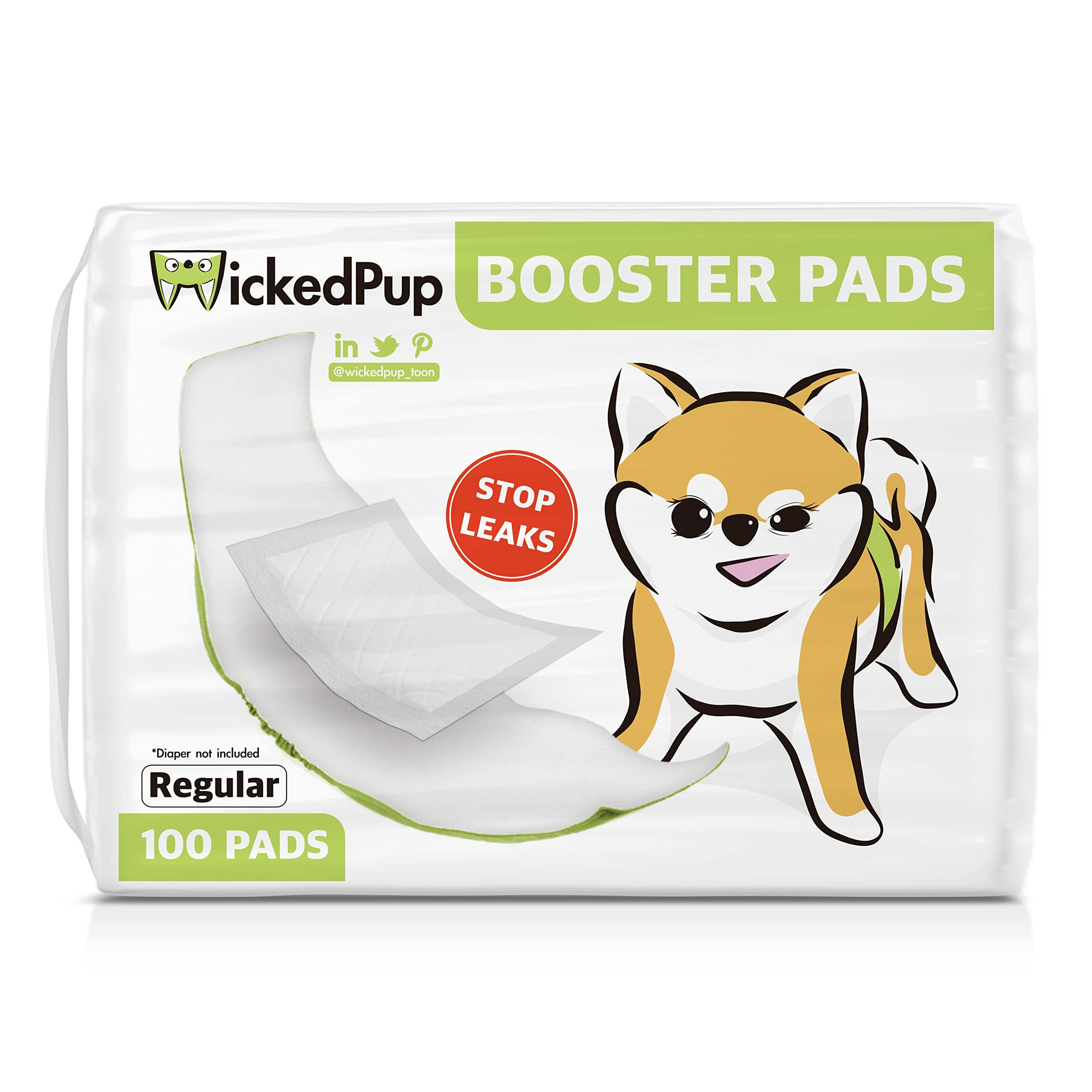 WICKEDPUP Dog Diaper Liners Booster Pads for Male and Female Dogs, 100ct | Disposable Doggie Diaper Inserts fit Most Reusable Pet Belly Bands, Cover Wraps, and Washable Period Panties Regular (100 Count)