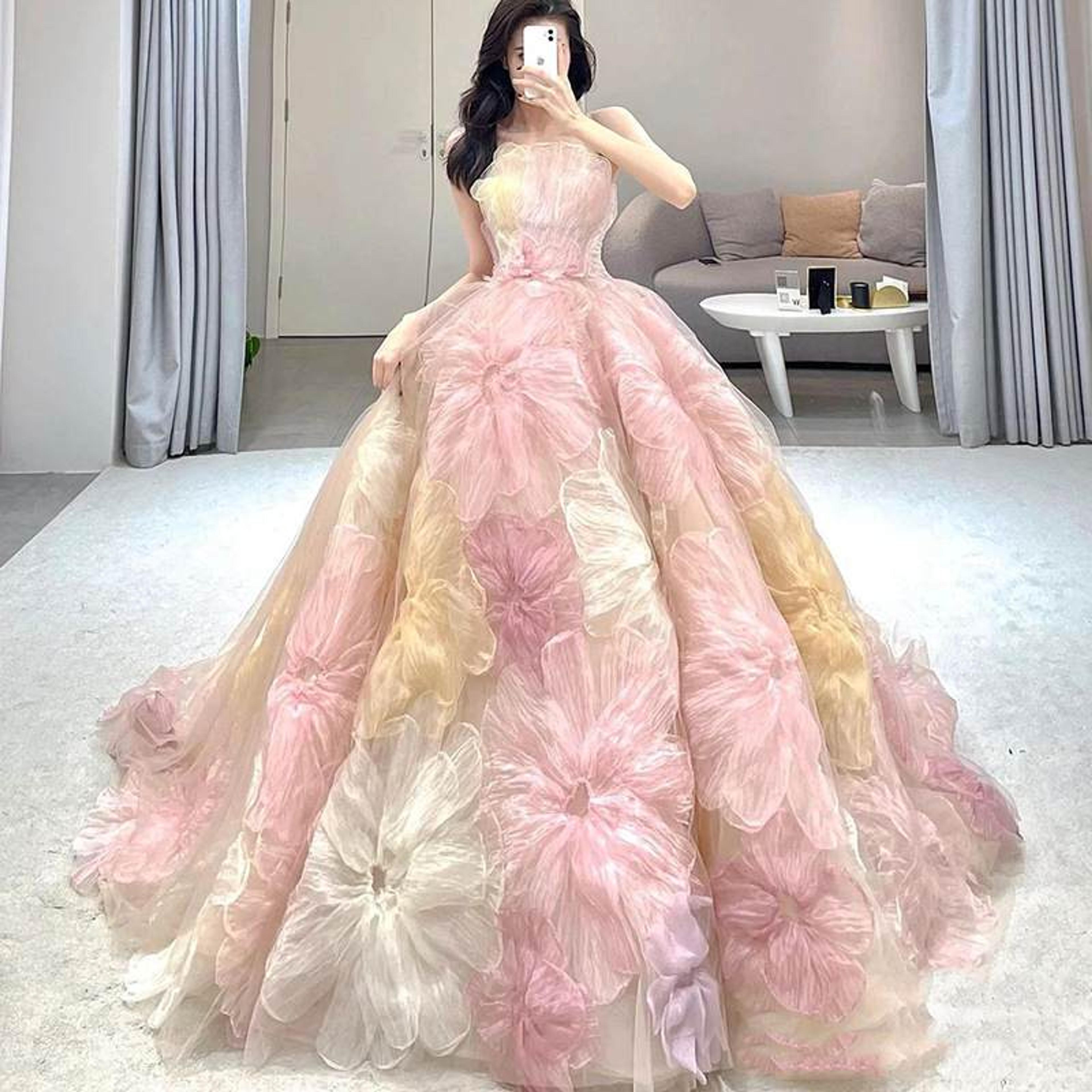 Strapless 3D Flowers Pink Colored Wedding Dresses Debut Ball Gowns – promboutiqueonline