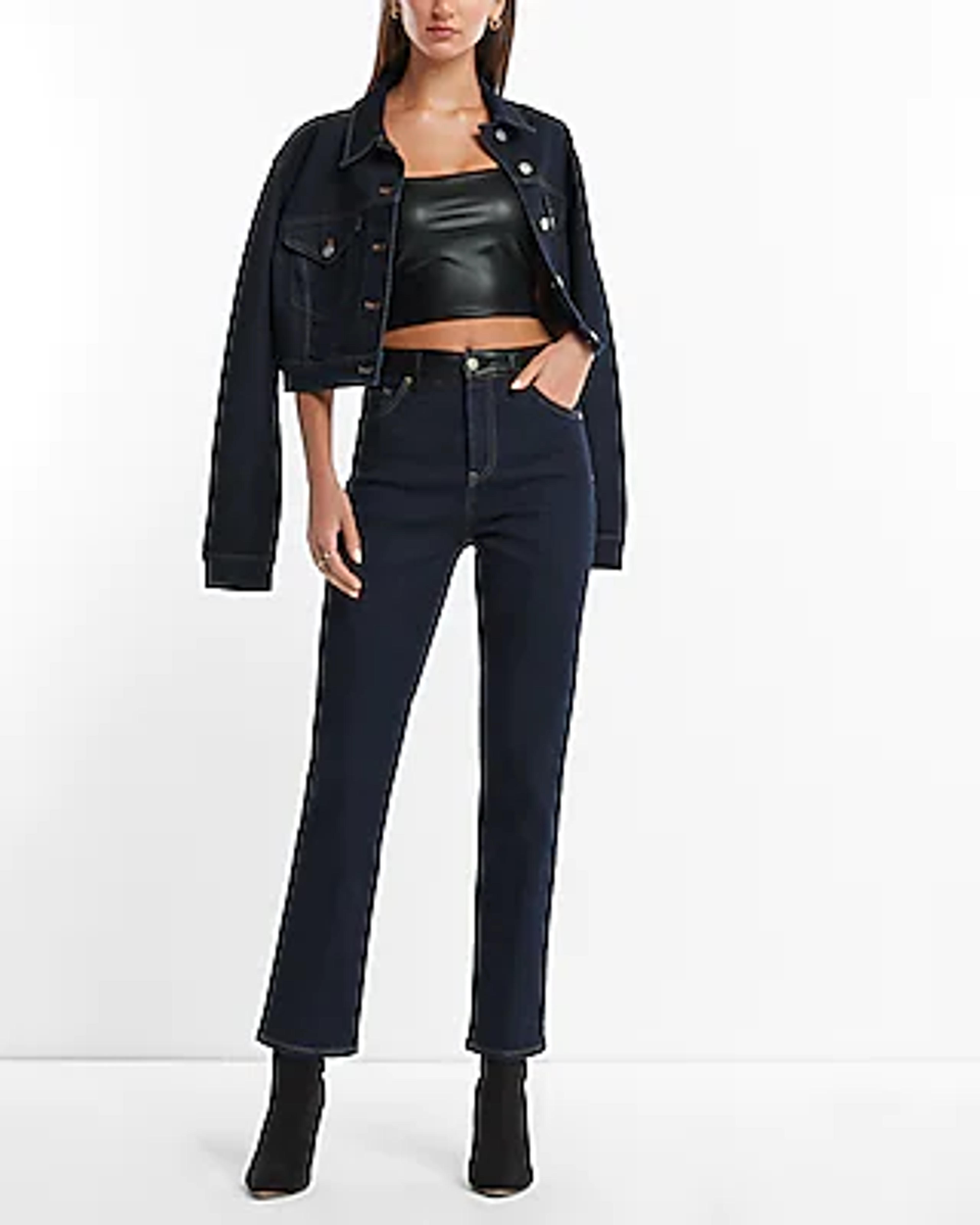 High Waisted Faux Leather Waistband Rinse Straight Ankle Jeans | Express