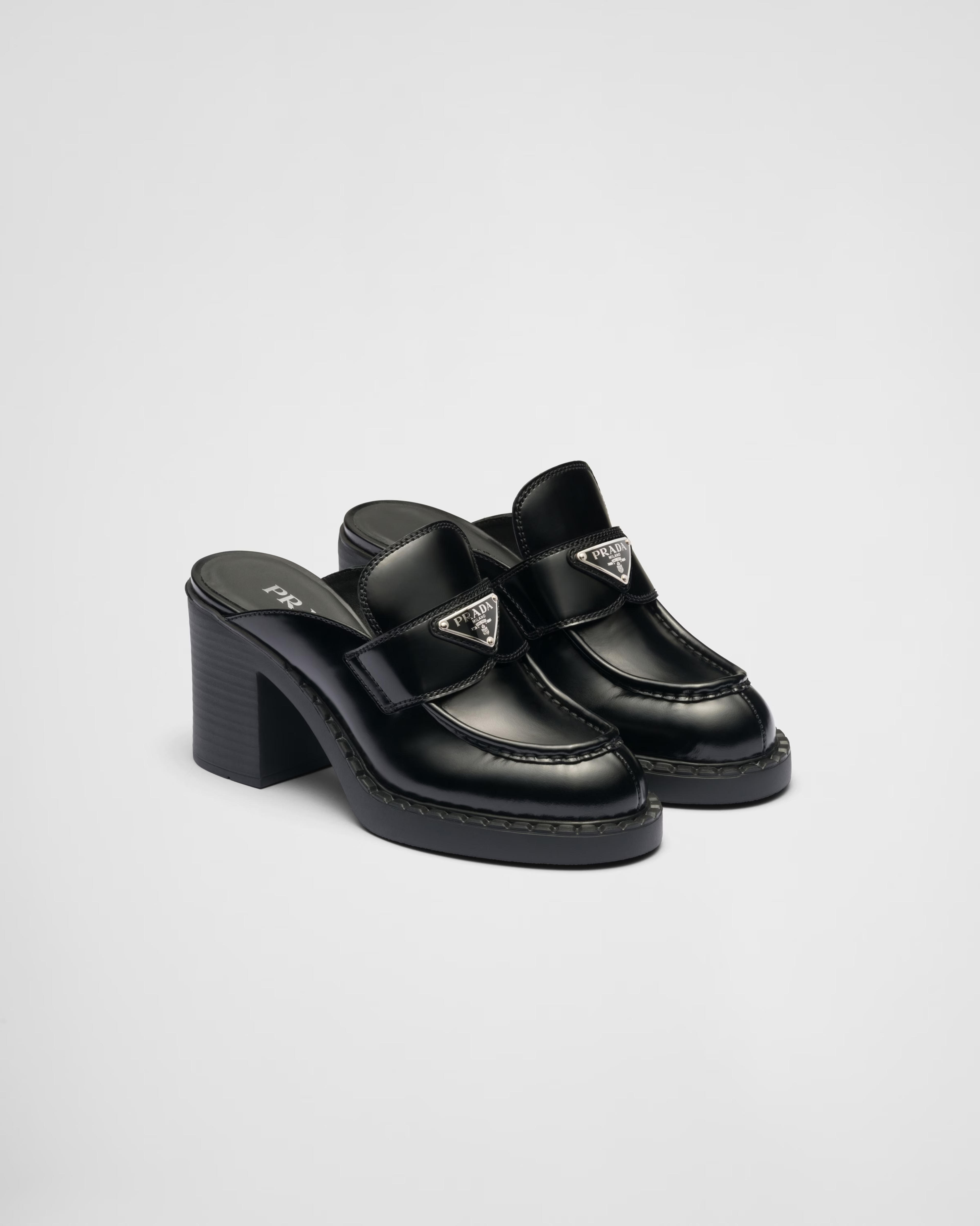 Black Chocolate Brushed Leather Mules | PRADA