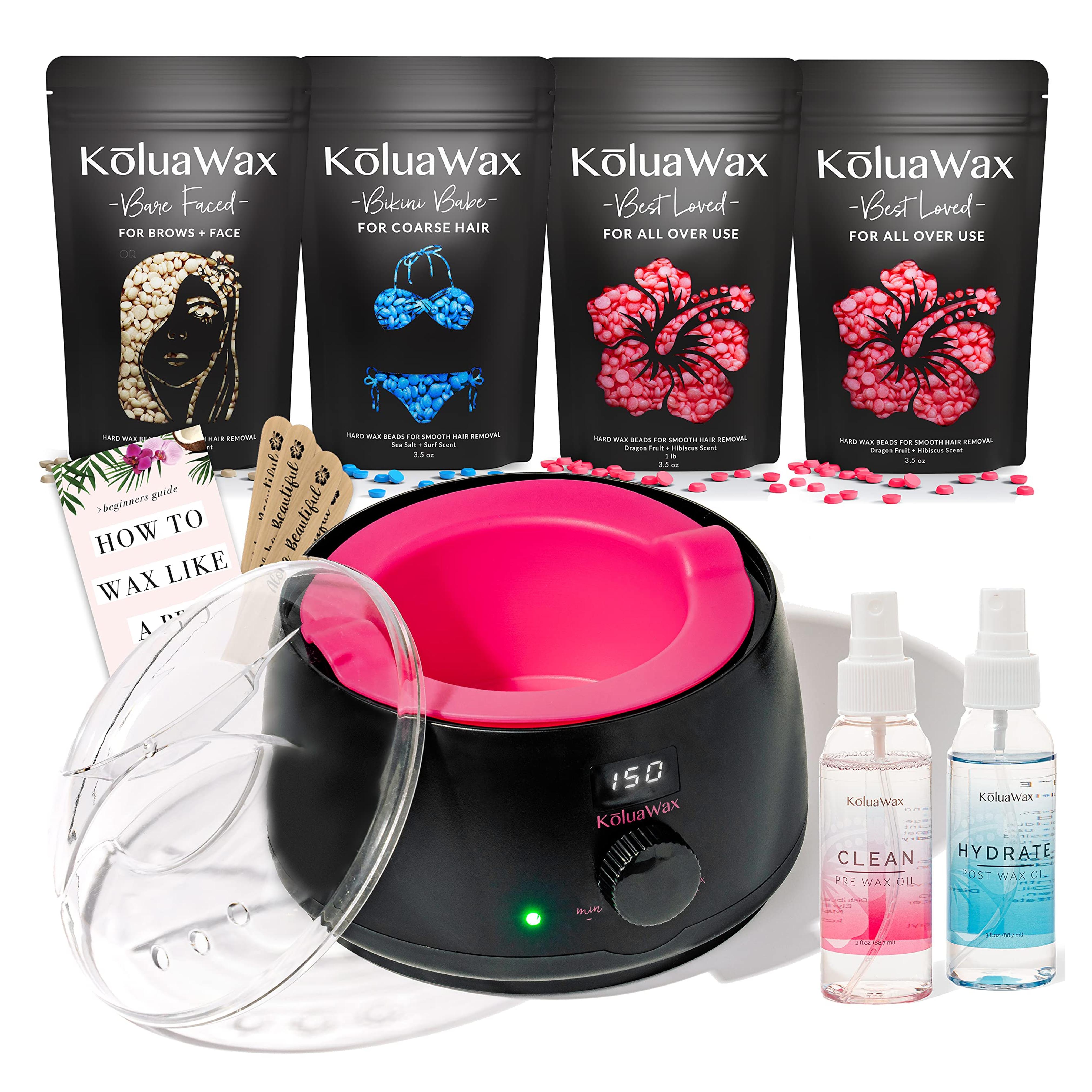 KoluaWax Premium Waxing Kit for Women - Hot Melt Wax Warmer for Hair Removal, Eyebrow, Bikini, Legs, Face, Brazilian Wax & More - Machine + 4-Pack Hard Wax Beads + Accessories, Black