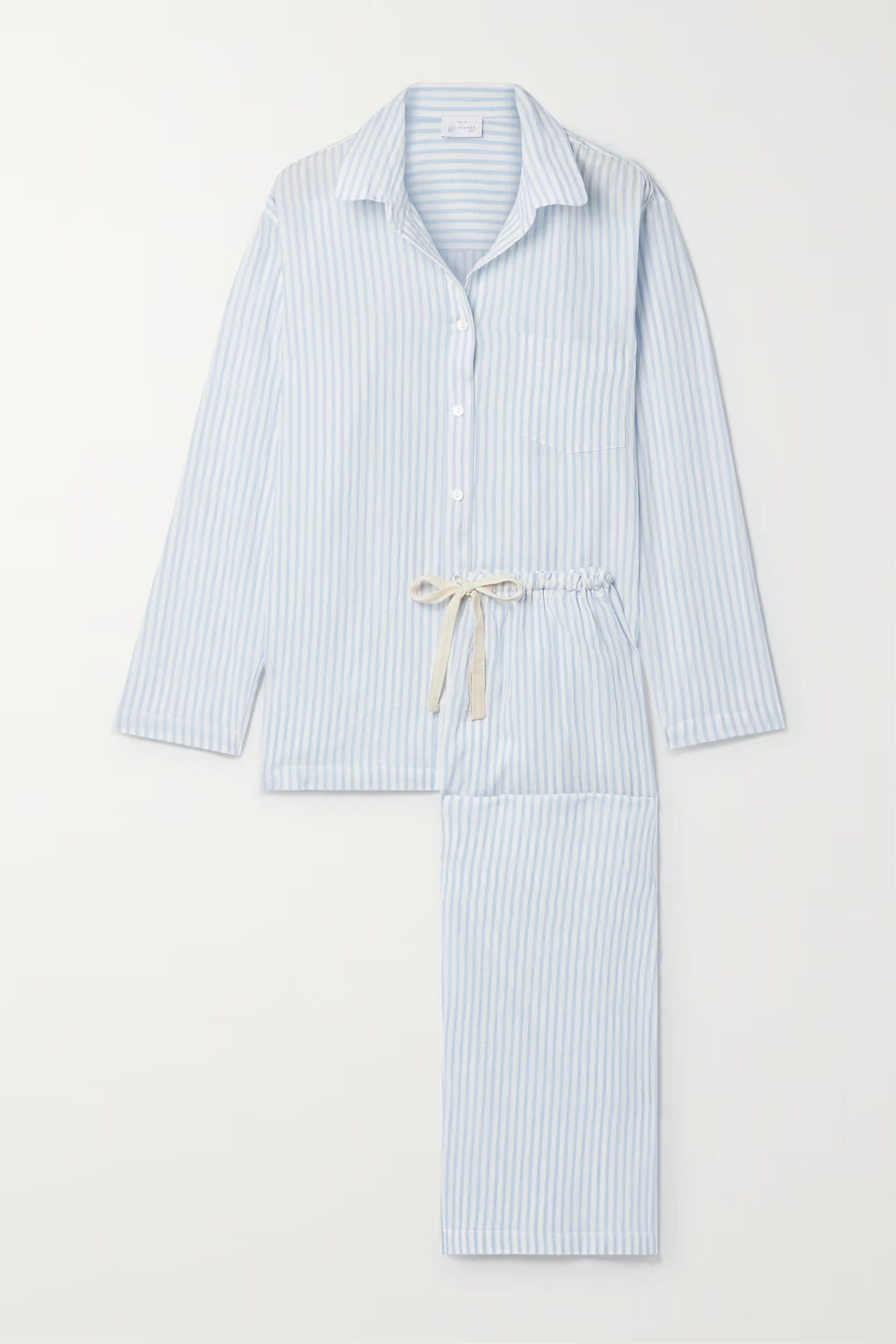 Sky blue Crinkled striped organic cotton-blend voile pajama set | POUR LES FEMMES | NET-A-PORTER