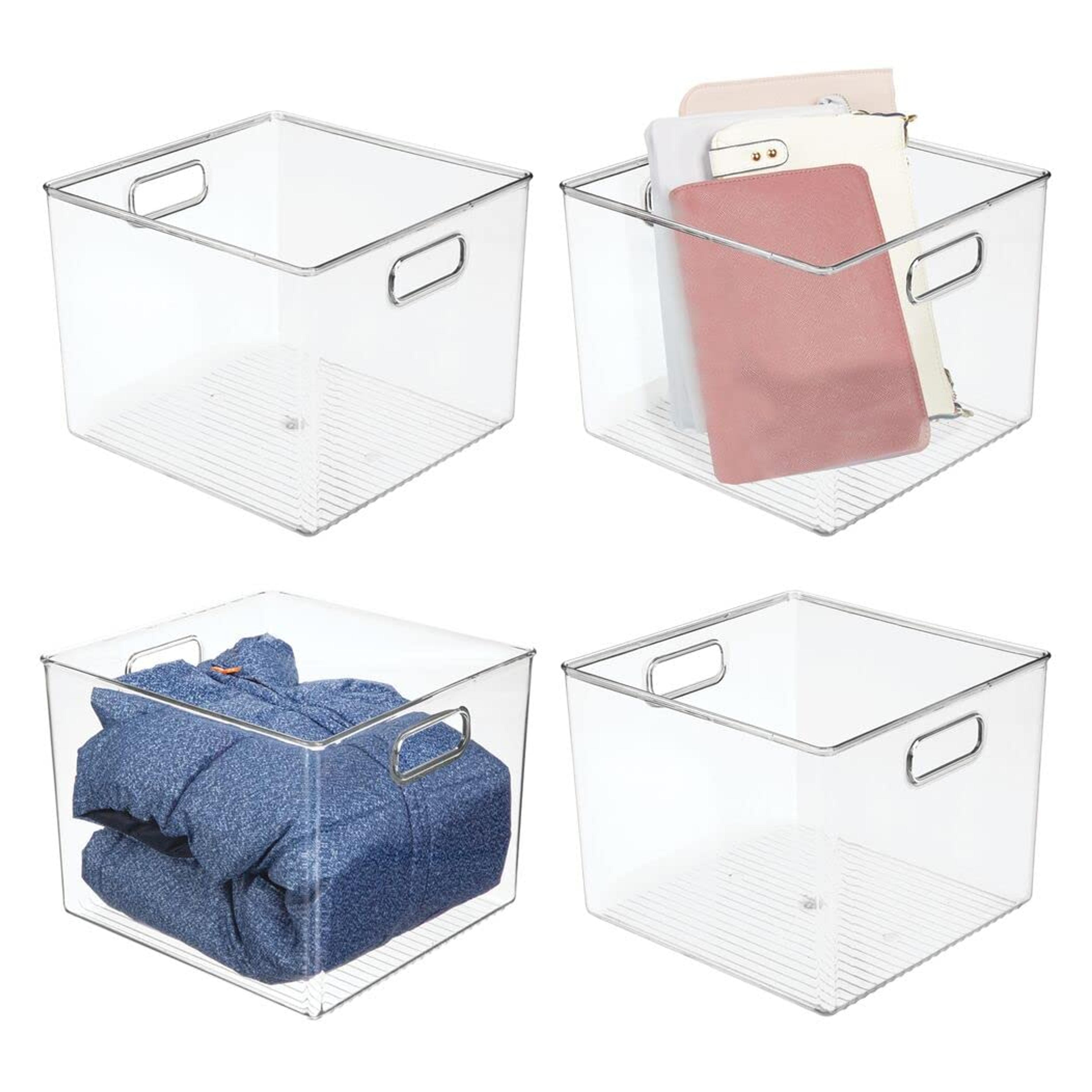 mDesign Small Modern Plastic Storage Organizer Bin Basket with Handles for Home Closet Organization - Shelf, Cubby, Cabinet, and Cupboard Organizing Decor - Ligne Collection - 4 Pack - Clear