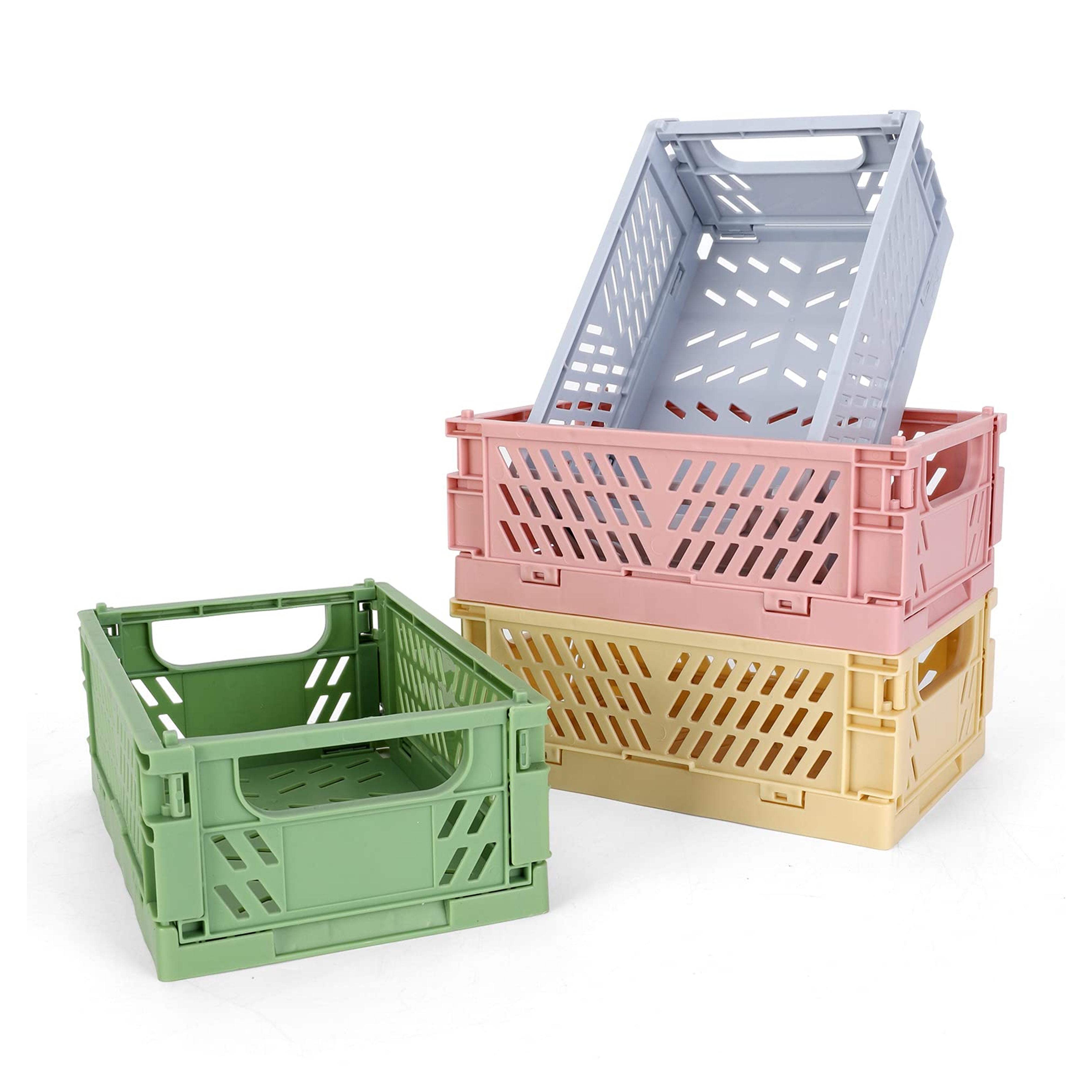 4-Pack Mini Plastic Baskets for Shelf Storage Organizing, Durable and Reliable Folding Storage Crate, Ideal for Home Kitchen Classroom and Office Organization, Bathroom Storage (5.9 x 3.8 x 2.2)