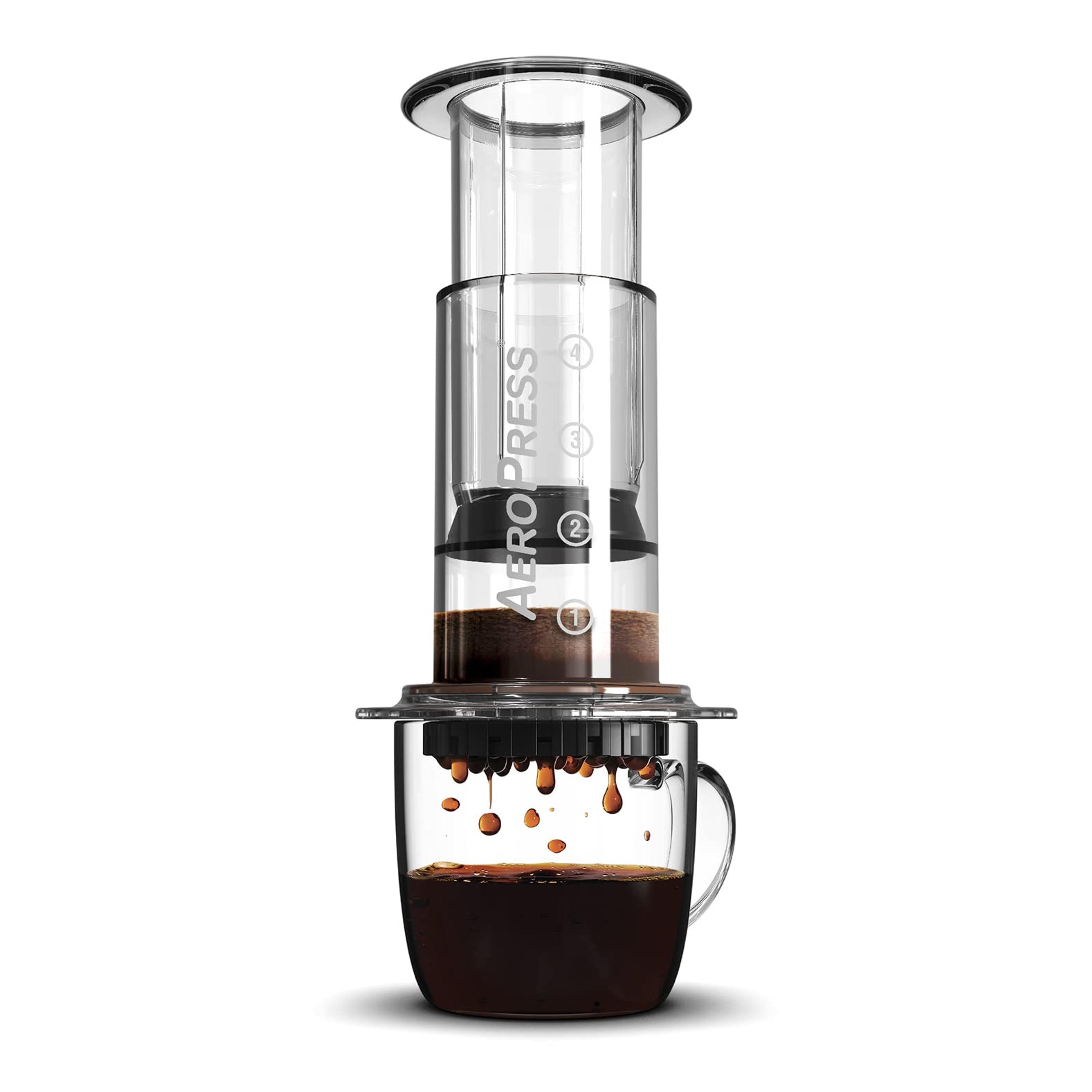 Aeropress Clear Coffee Press – 3 in 1 brew method combines French Press, Pourover, Espresso - Full bodied coffee without grit or bitterness - Small portable coffee maker for camping & travel