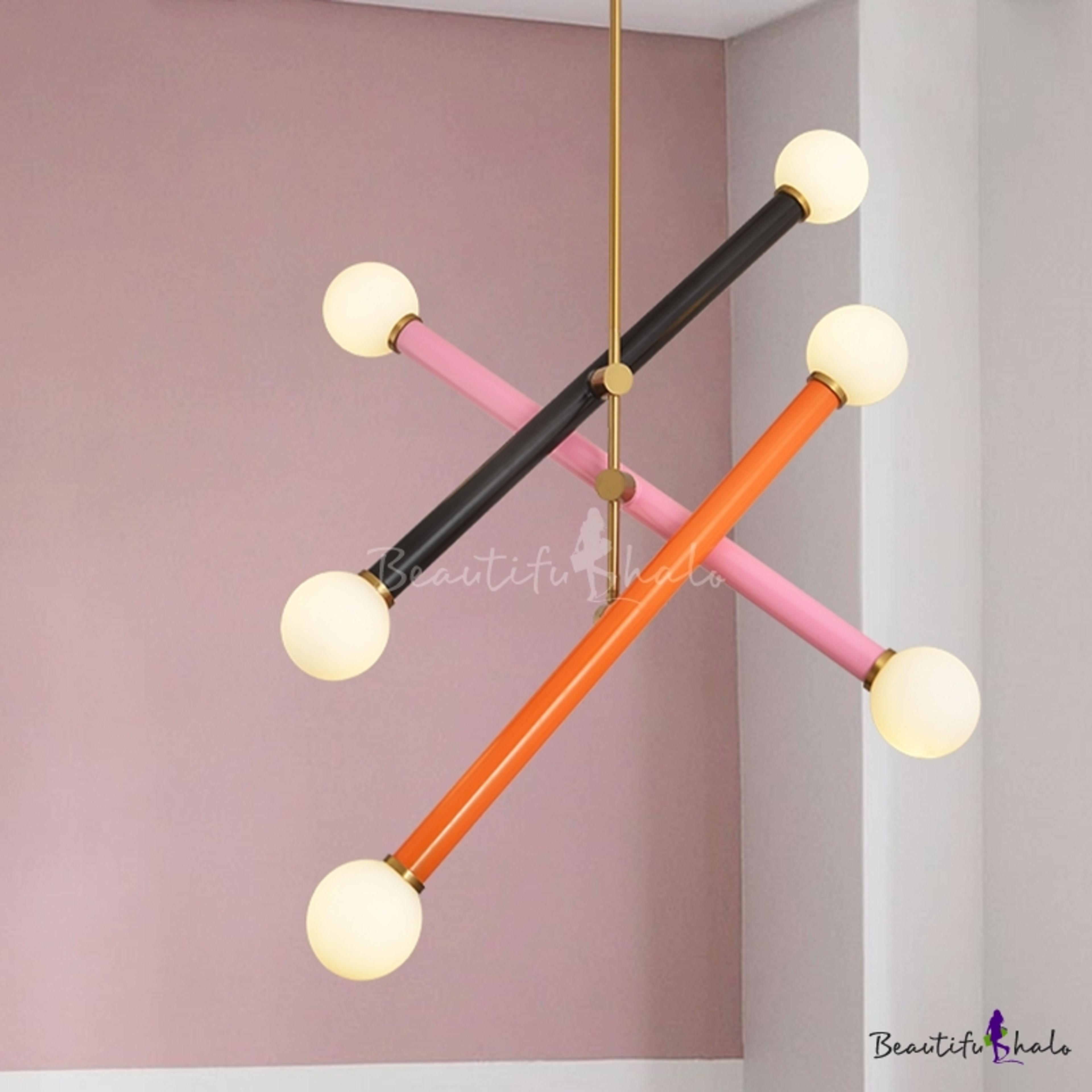 Black-Pink-Orange Linear Chandelier Light Contemporary 6 Heads Metallic LED Hanging Pendant - Beautifulhalo.com