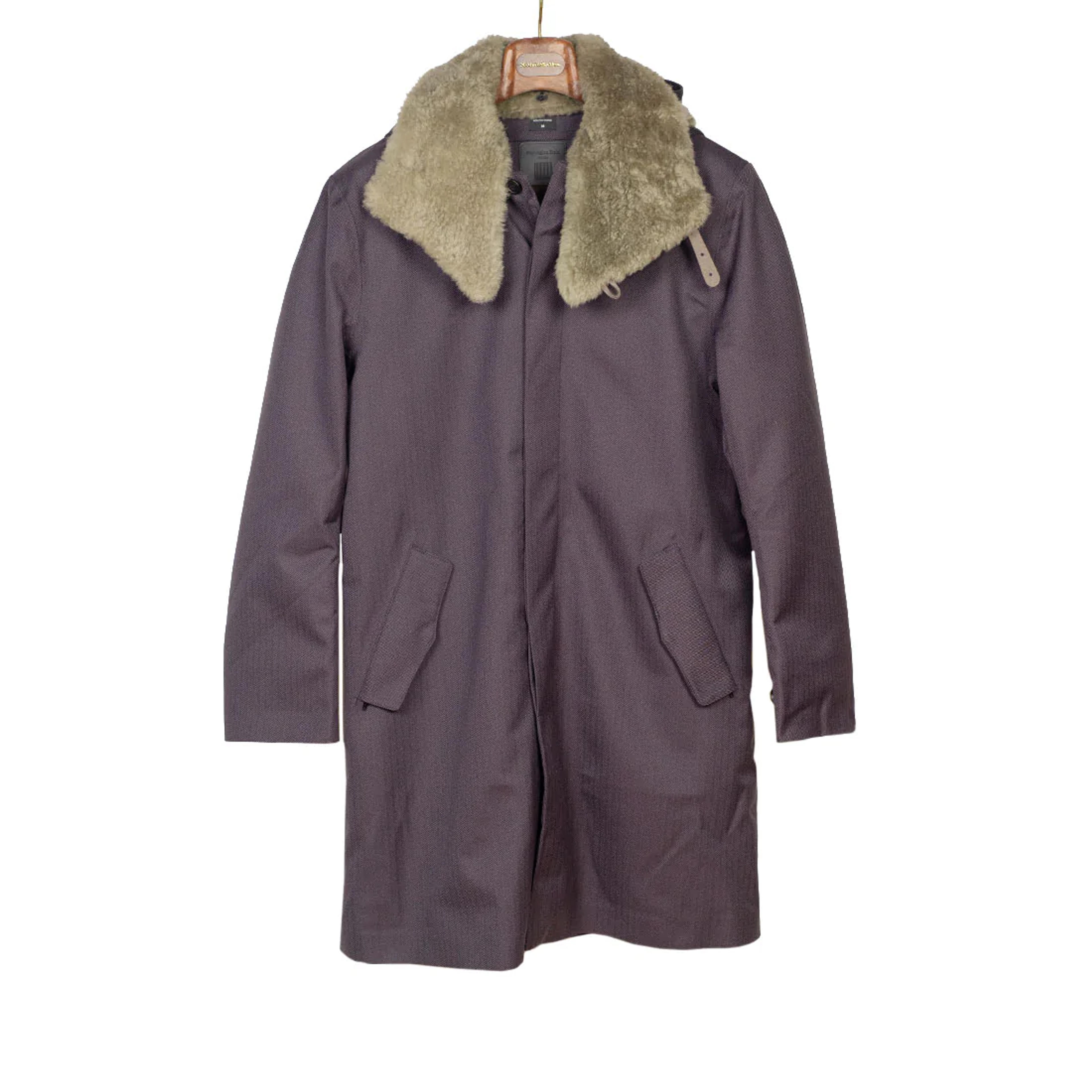 Aubergine herringbone Moscow raincoat with shearling collar and Arctic padded lining - S