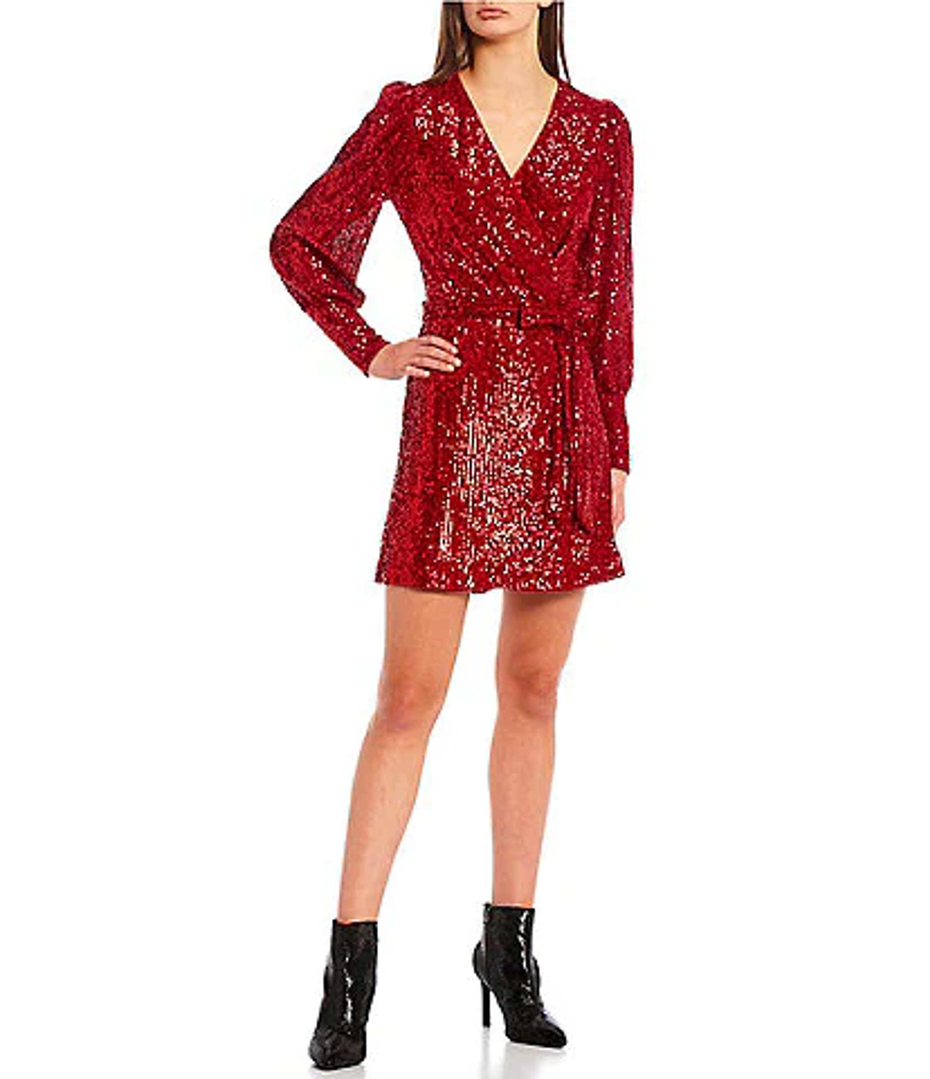 GB Long Blouson Sleeve Sequin Wrap Dress | Dillard's