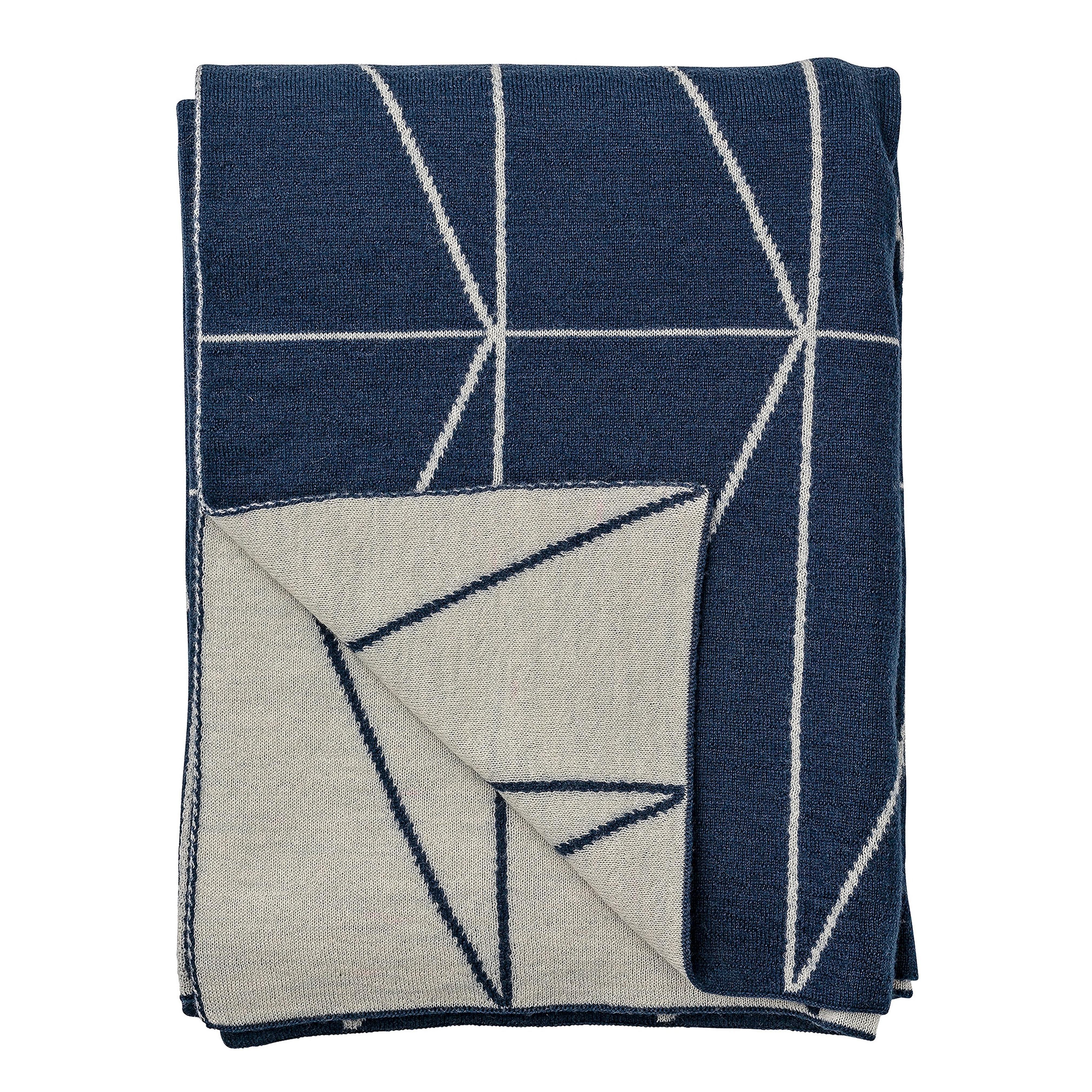 Indigo Blue and Light Grey Knitted Wool Throw with Zig Zag Print