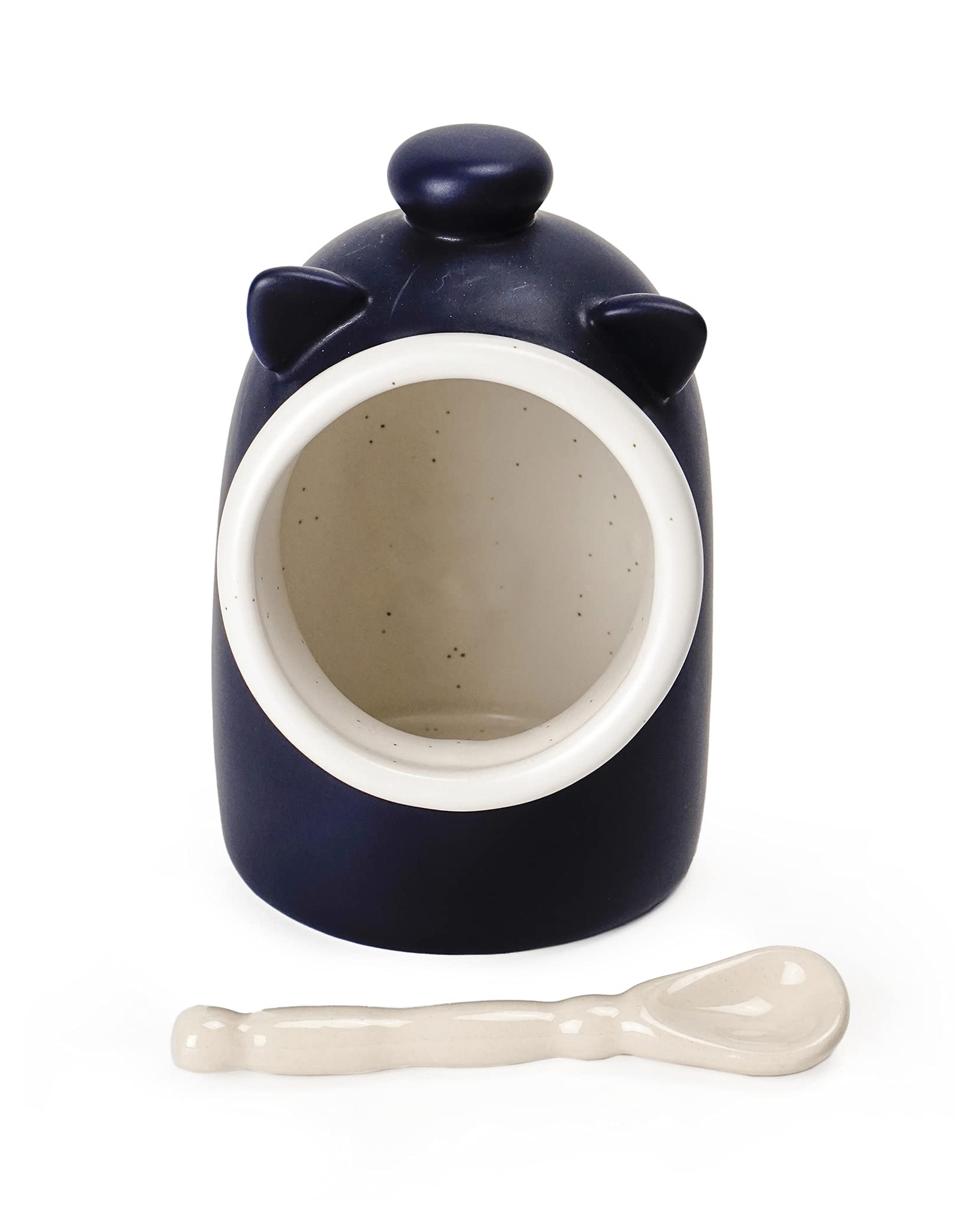 Blue stoneware Salt Pig Including Spoon Salt Keeper Jar