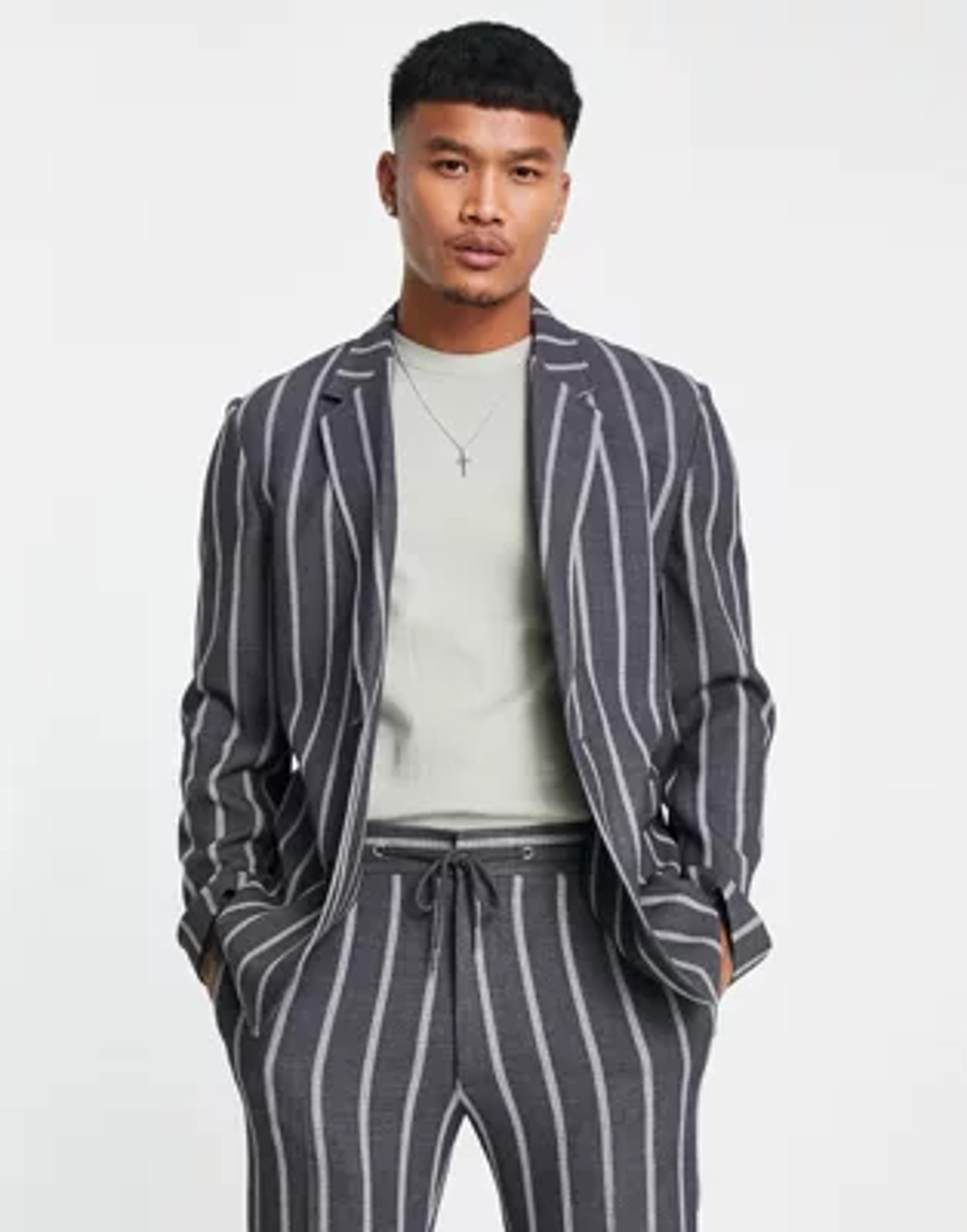 ASOS DESIGN skinny soft tailored suit jacket in gray waffle stripe | ASOS