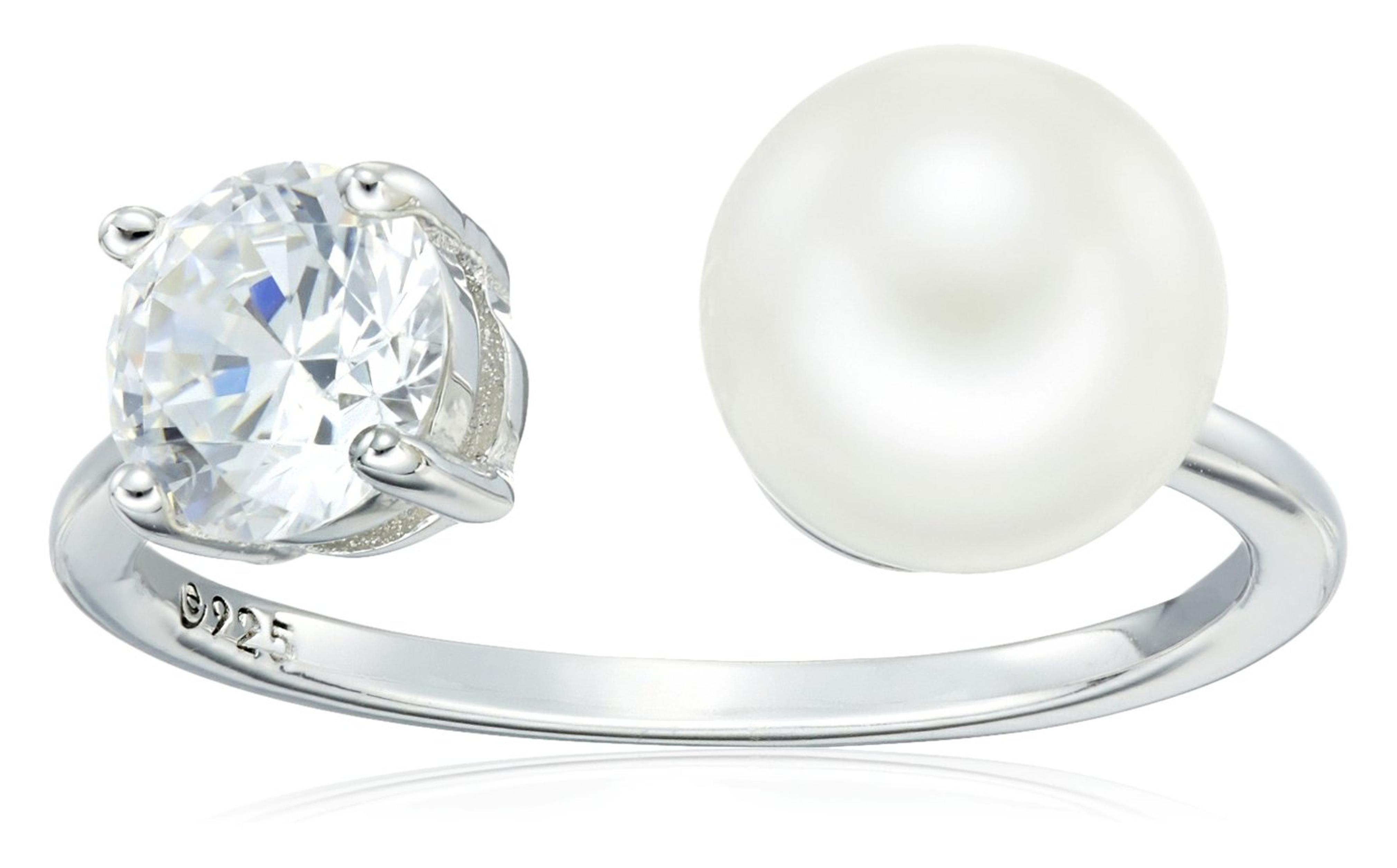 Amazon Collection Platinum-Plated Sterling Silver Infinite Elements Cubic Zirconia Freshwater Cultured White Pearl Ring, Size 8