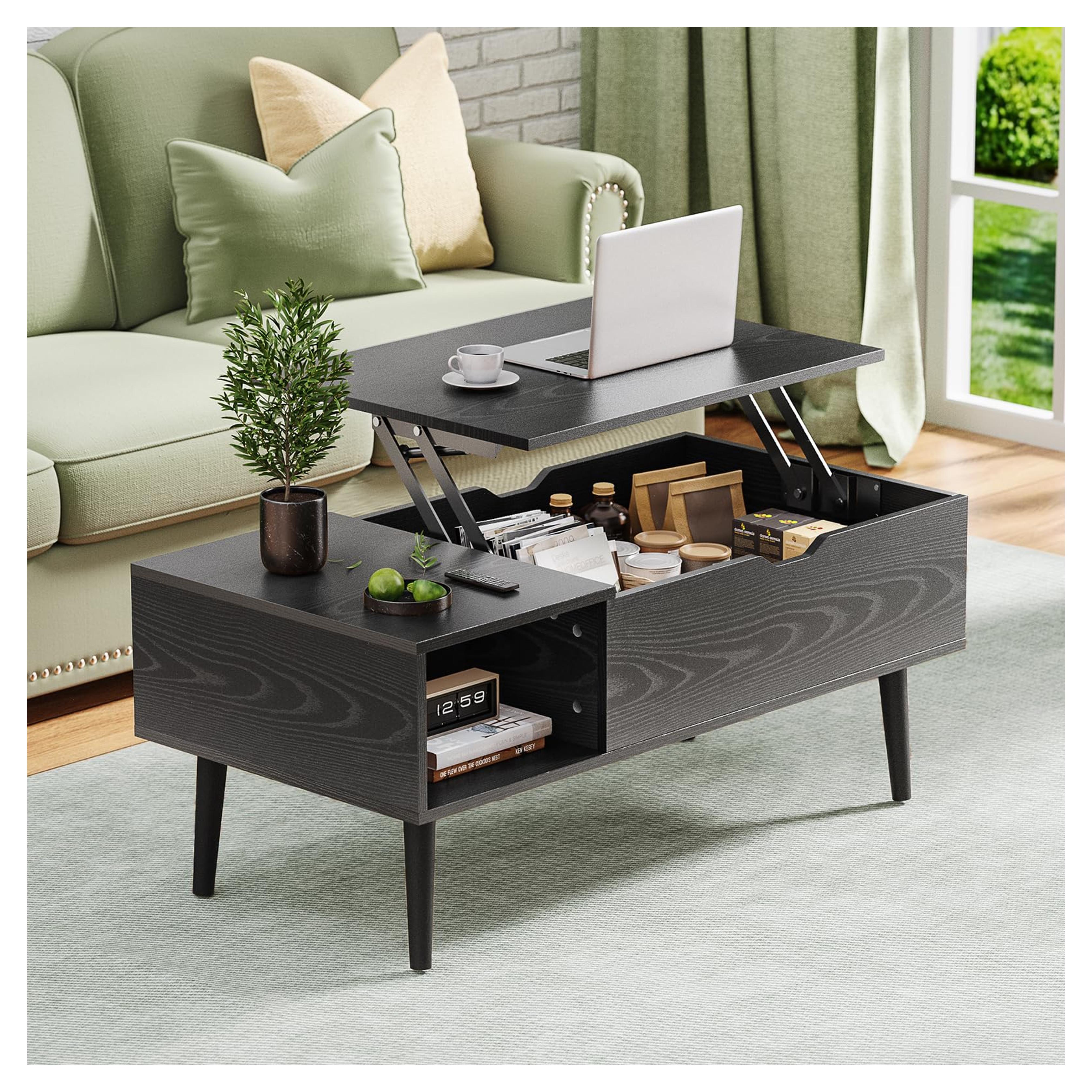 OLIXIS Modern Coffee Table Wooden Furniture with Lifting Tabletop, Storage Shelf and Hidden Compartment for Living Room Office, Black