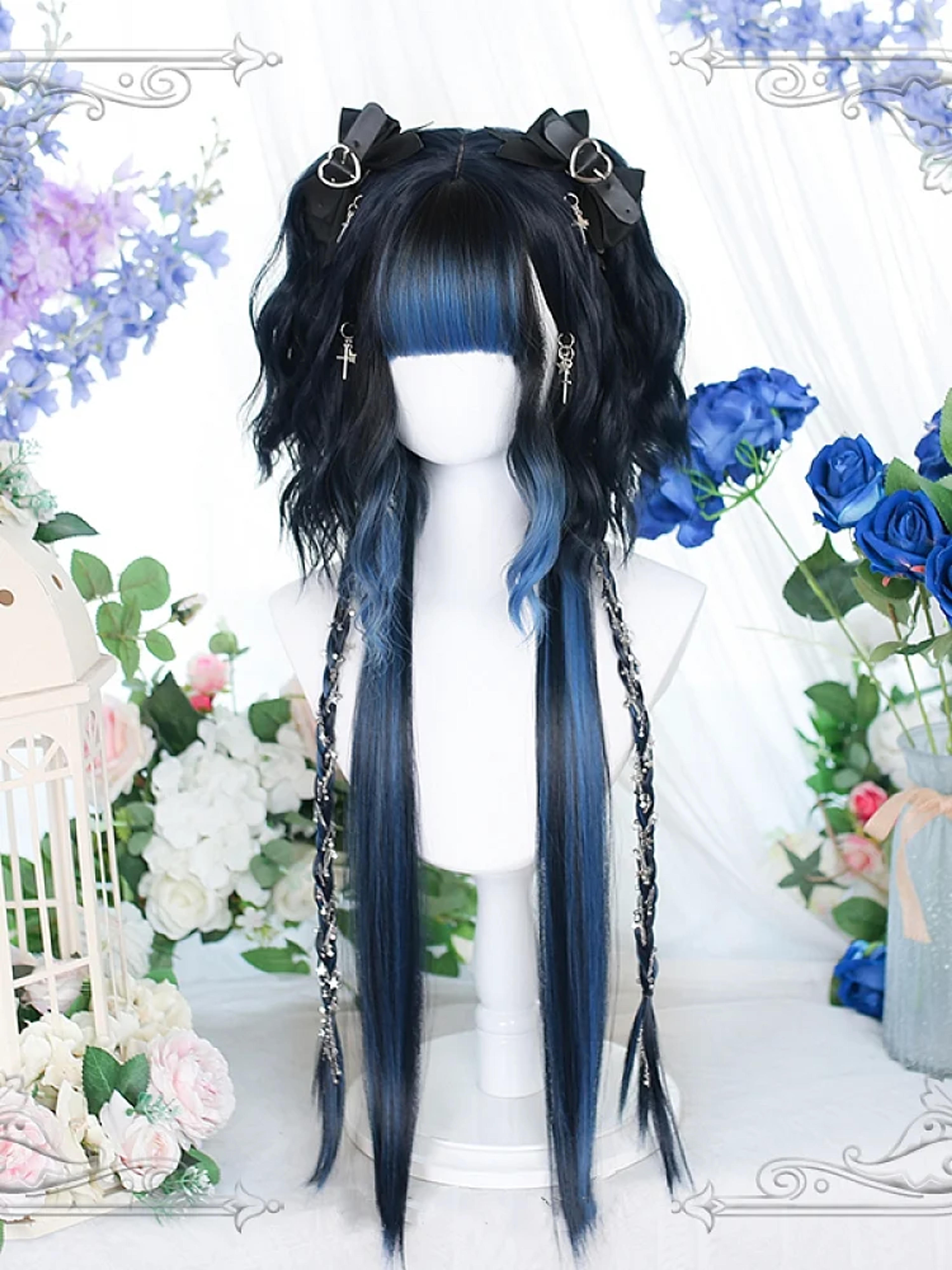 Water Blue Ombre Hair Color Lolita Long Straight Synthetic Wig