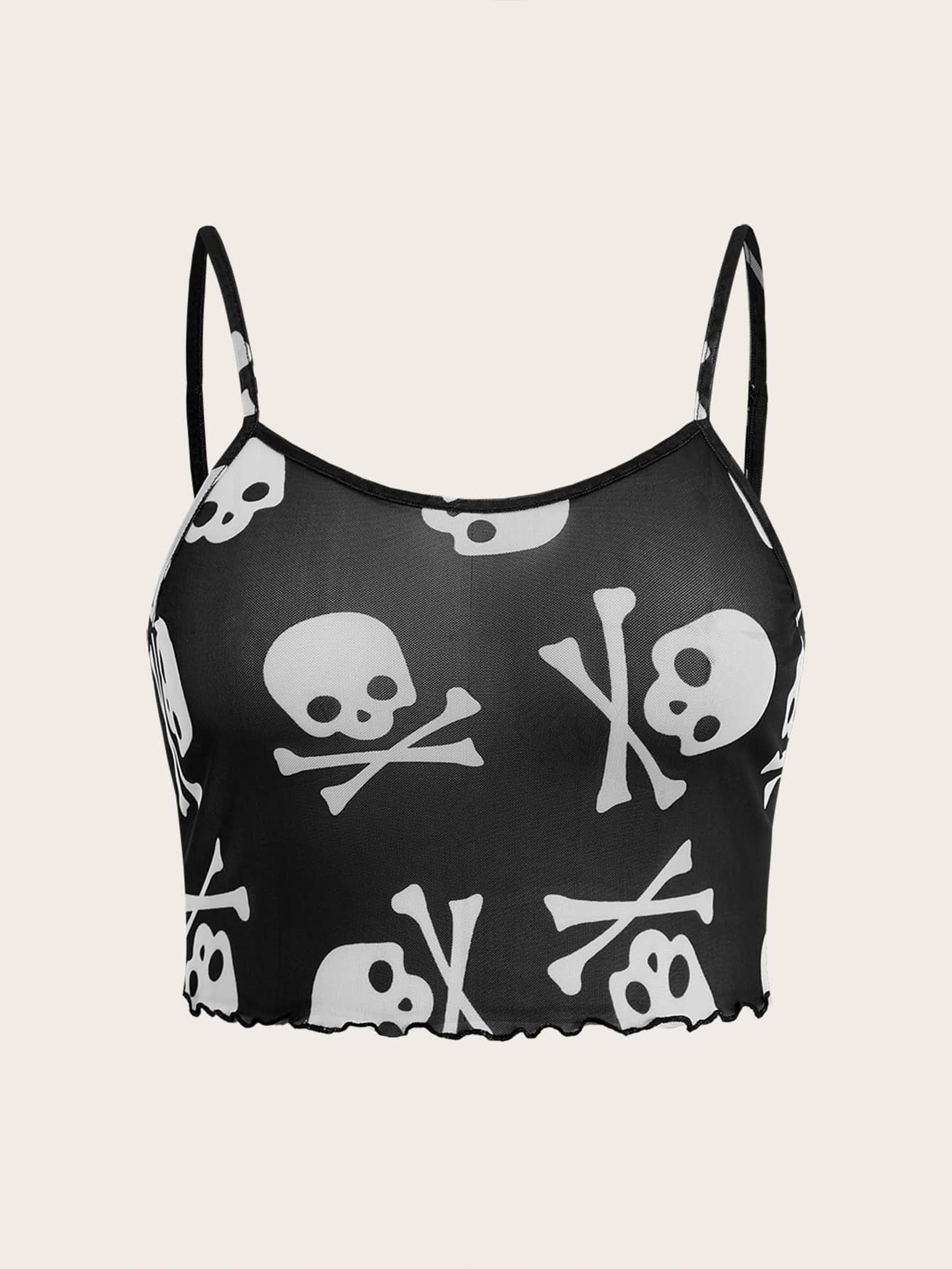 SHEIN Plus Skull Print Lettuce Trim Mesh Cami Top