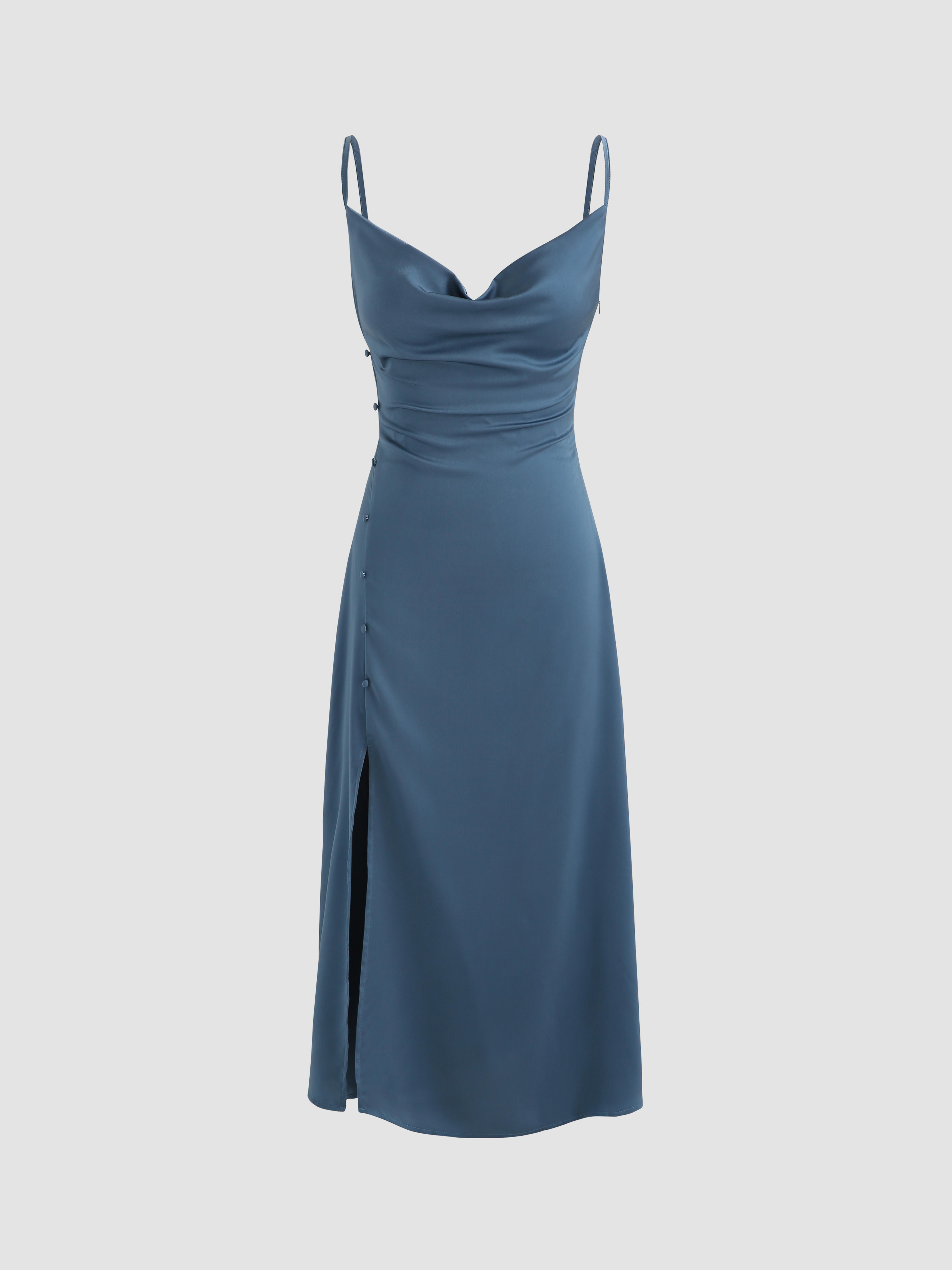 Solid Cowl Neck Slit Midi Dress - Cider