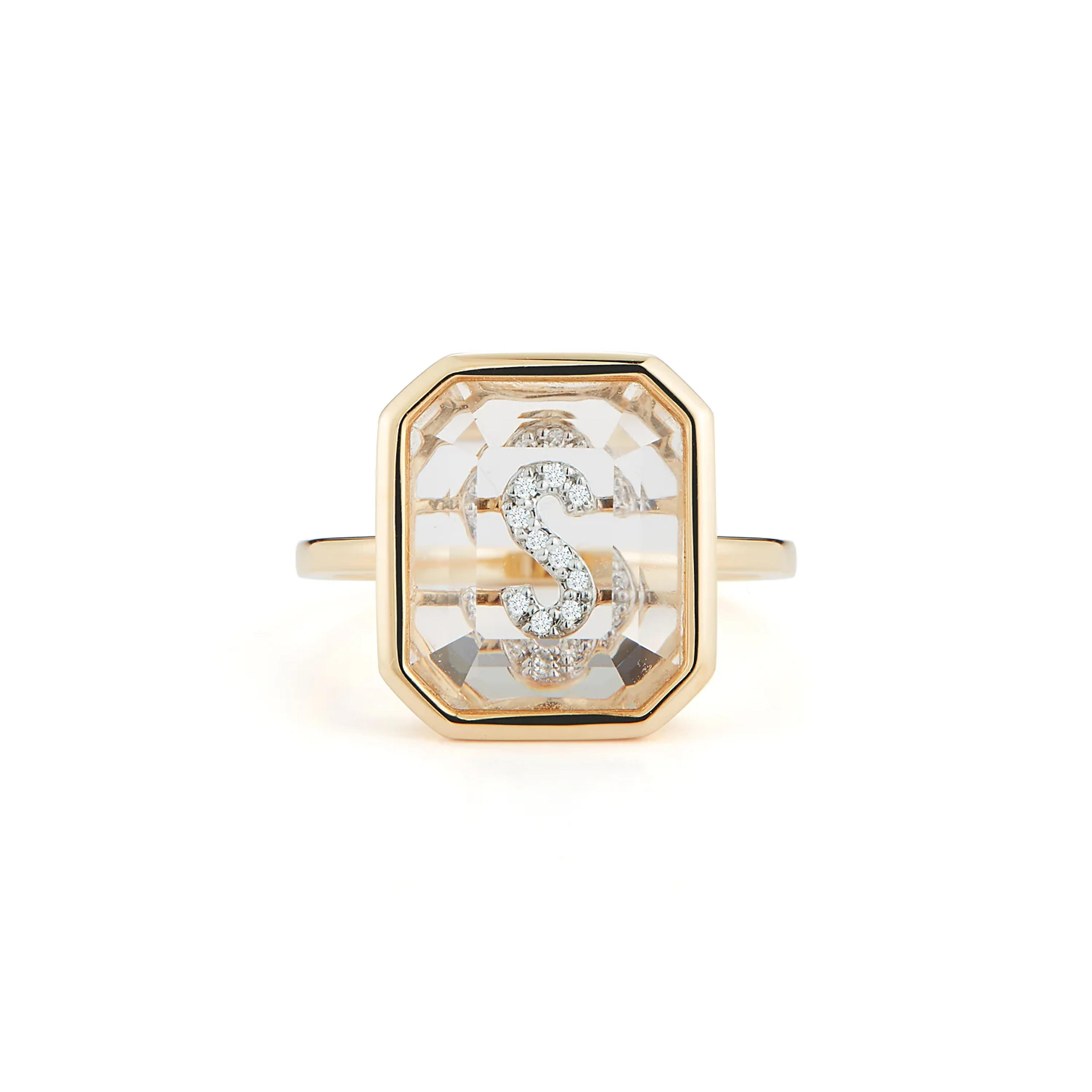 14K Gold Frame Crystal Quartz secret diamond initial ring– MATEO