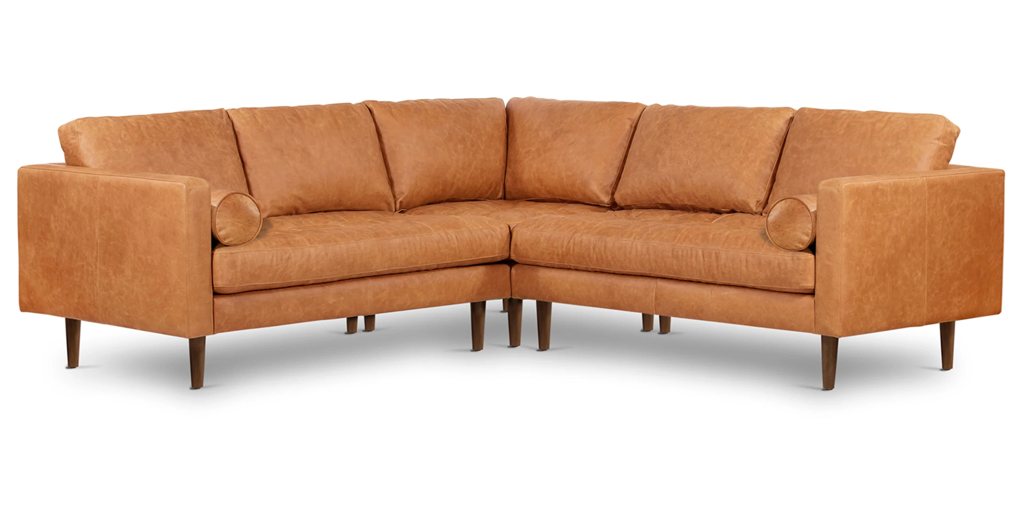 Cognac Tan Napa Leather Walnut Finish Corner Sectional Sofa | Poly & Bark