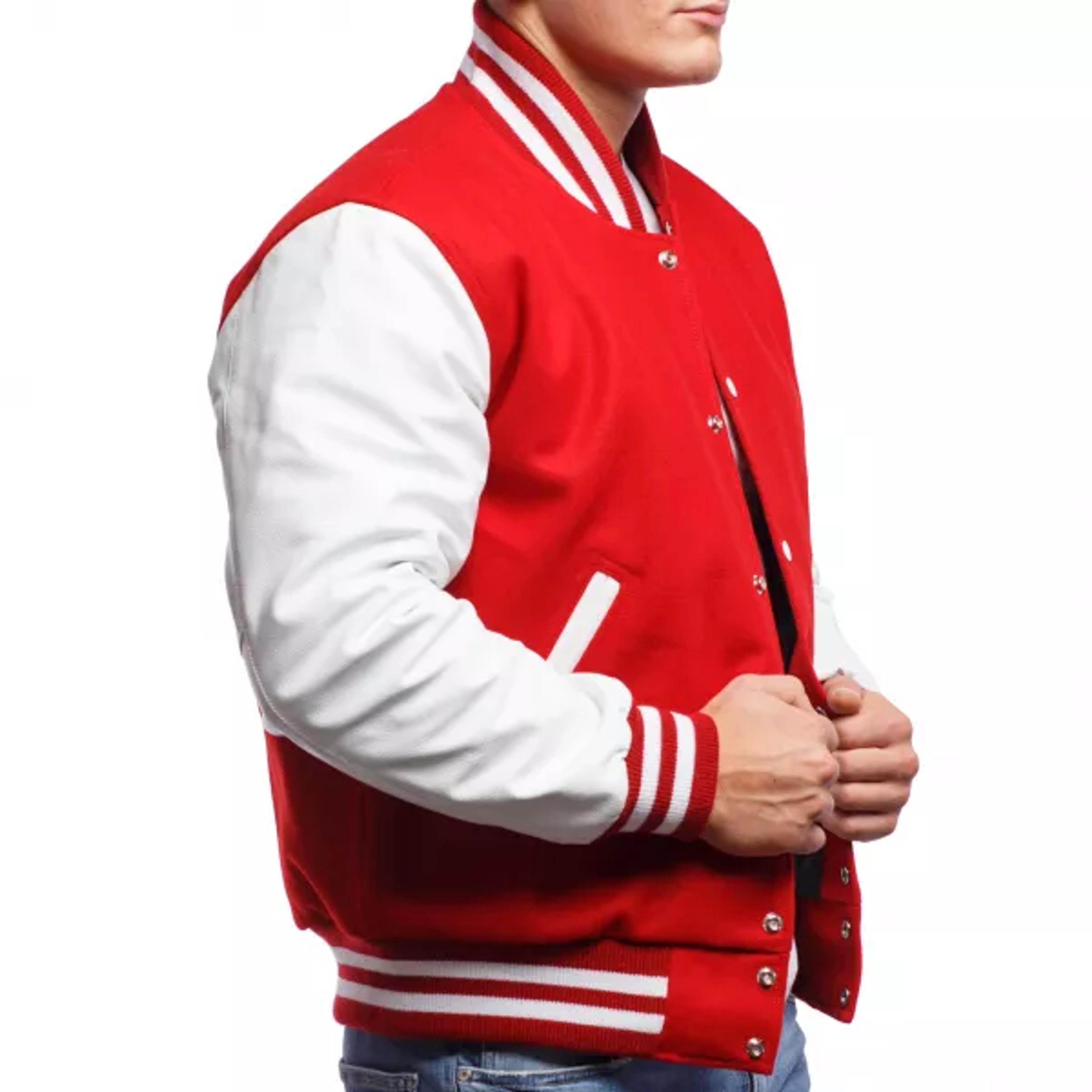 Varsity Base Men Jacket Scarlet Wool Body White Leather Sleeves Letterman Jacket