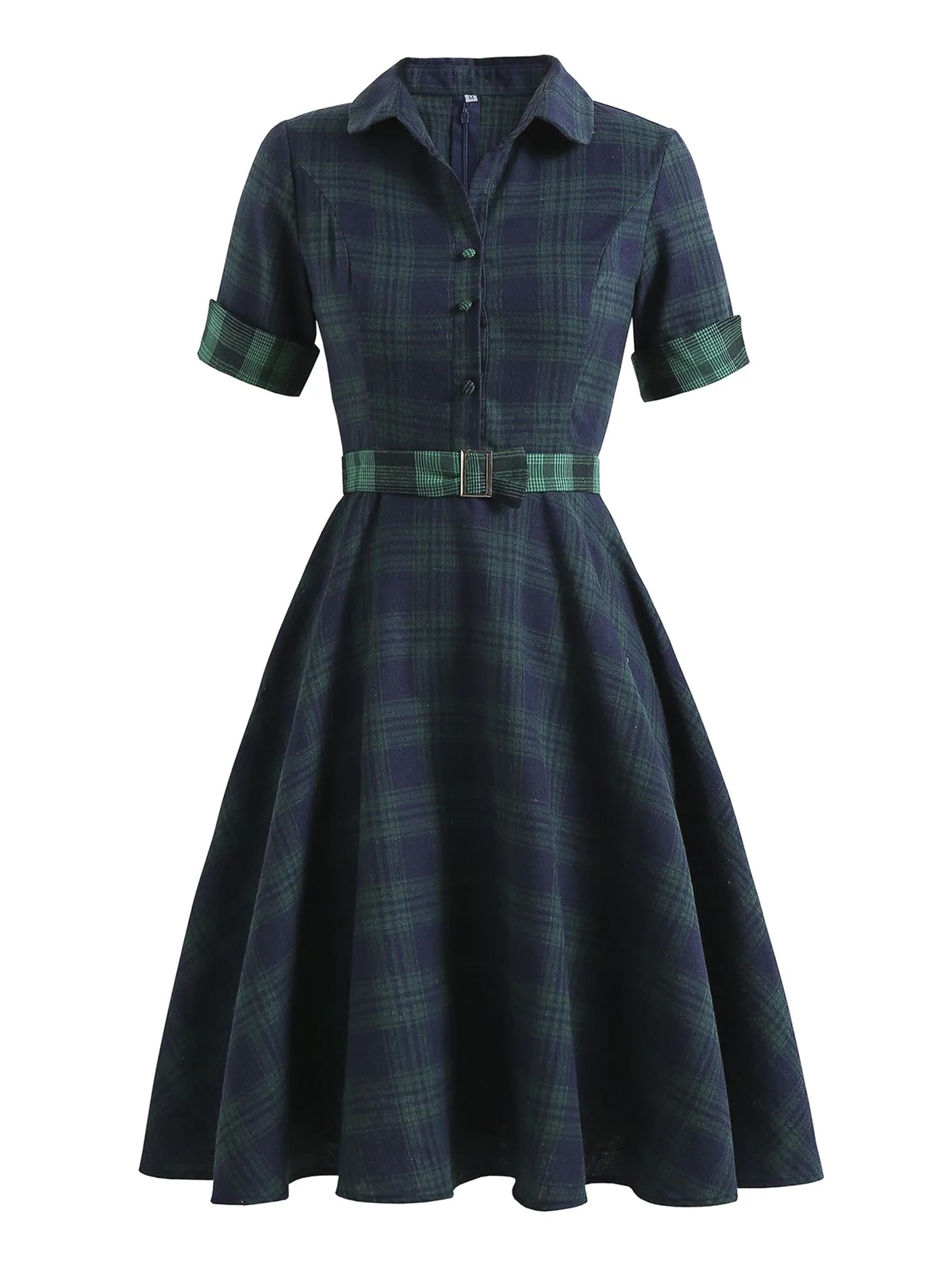 Plaids 1950s Buttoned Belted Swing Dress - Plaids / S / 4~6