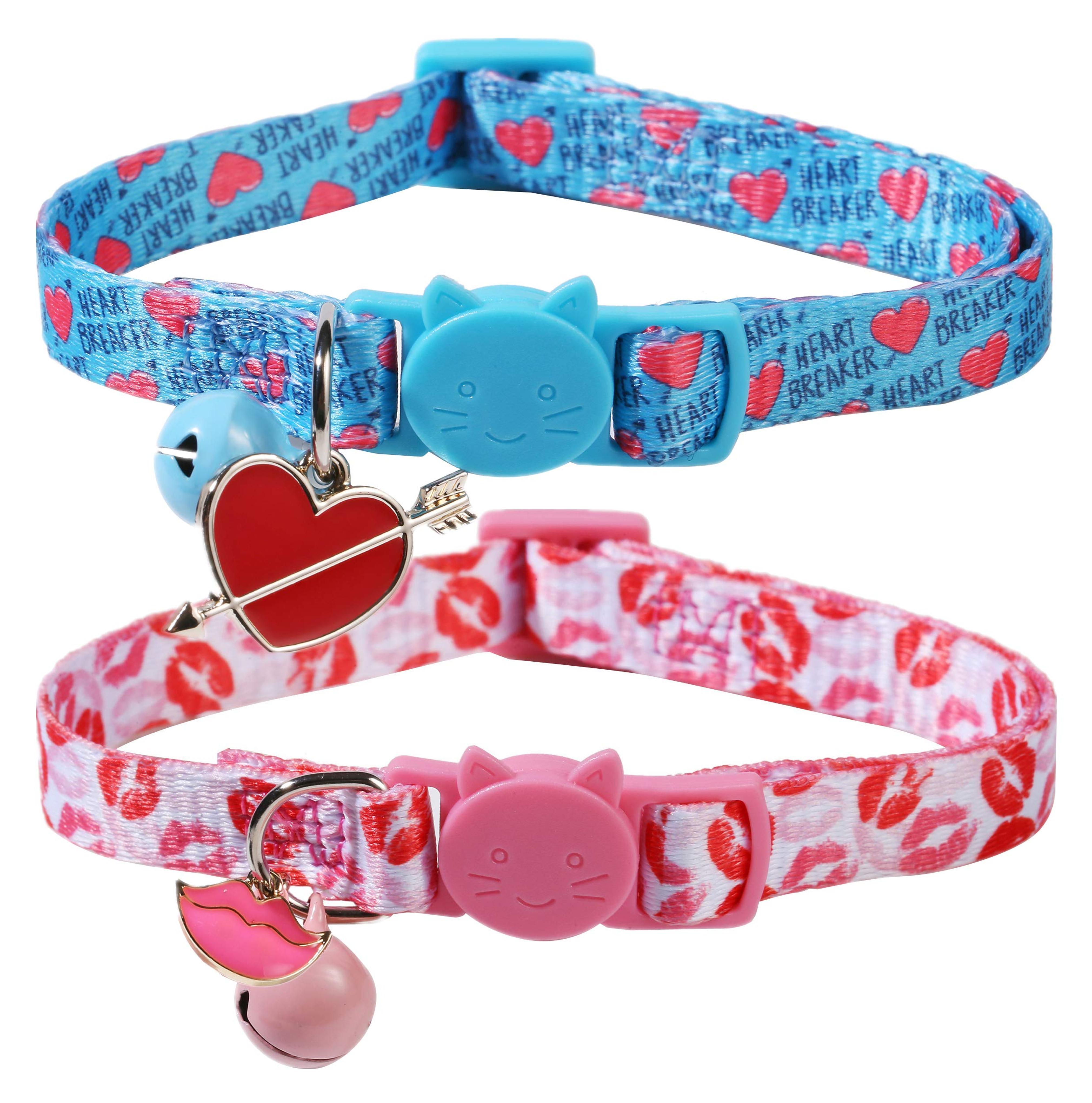 BoomBone 2 Pack Valentines Day Cat Collar Breakaway,Safety Adjustable Collars with Bell for Kitten