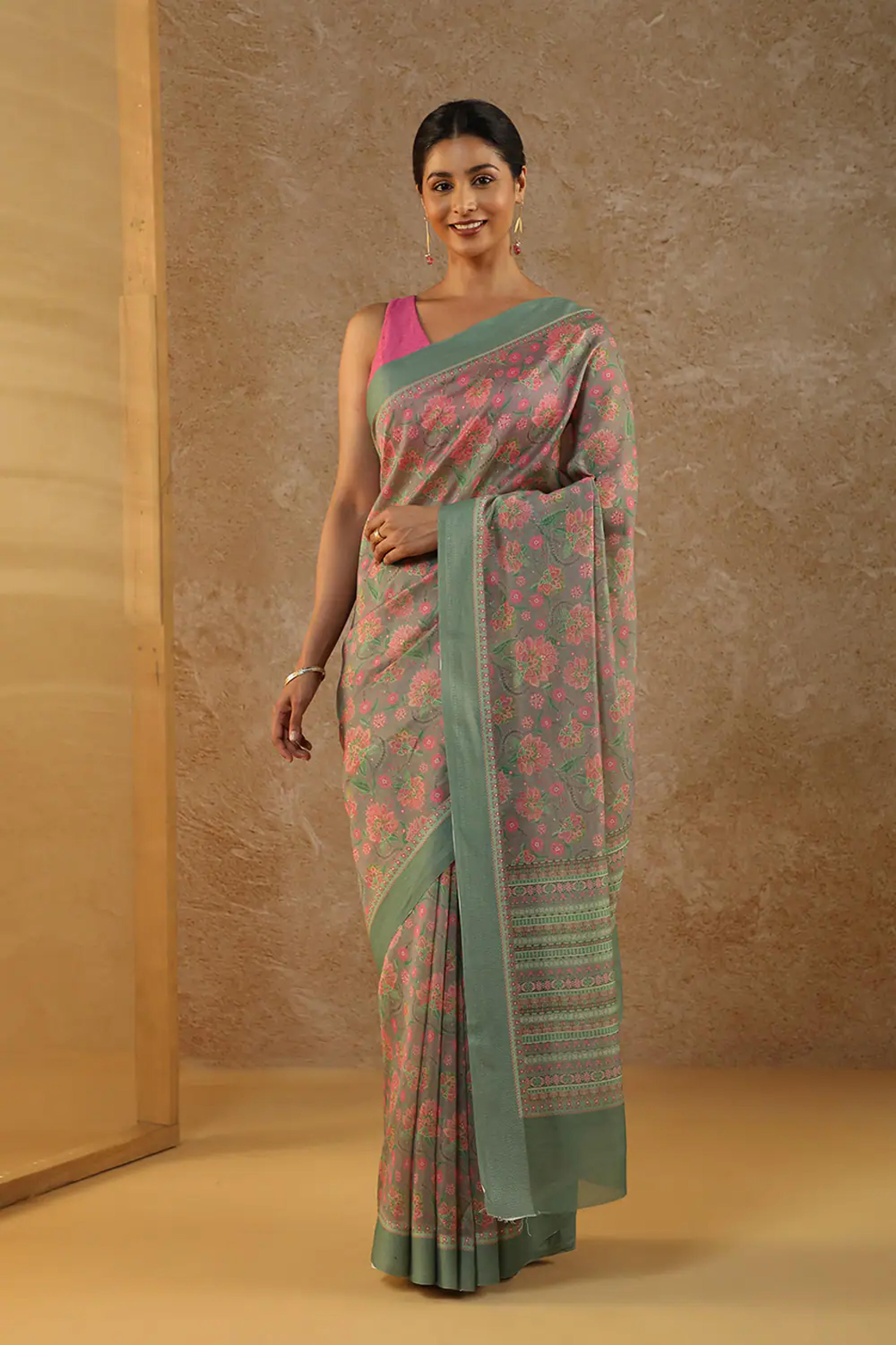 Grey Rajasthan Screen Printed Pure Silk Cotton Saree | Taneira