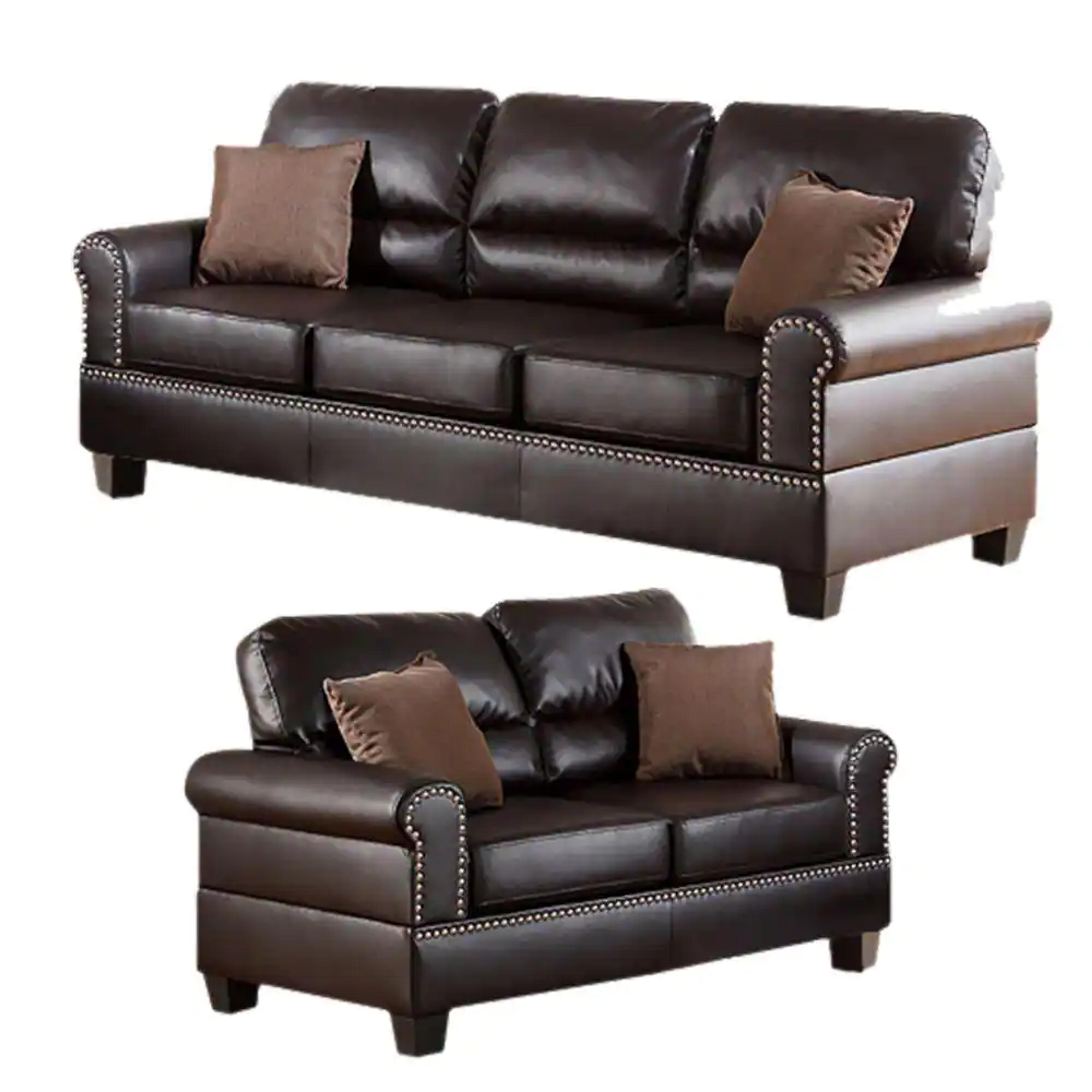 Benjara 57 in. Round Arm Bonded Leather Straight 2-Piece Sofa Set with Pillows Brown BM168792 - The Home Depot